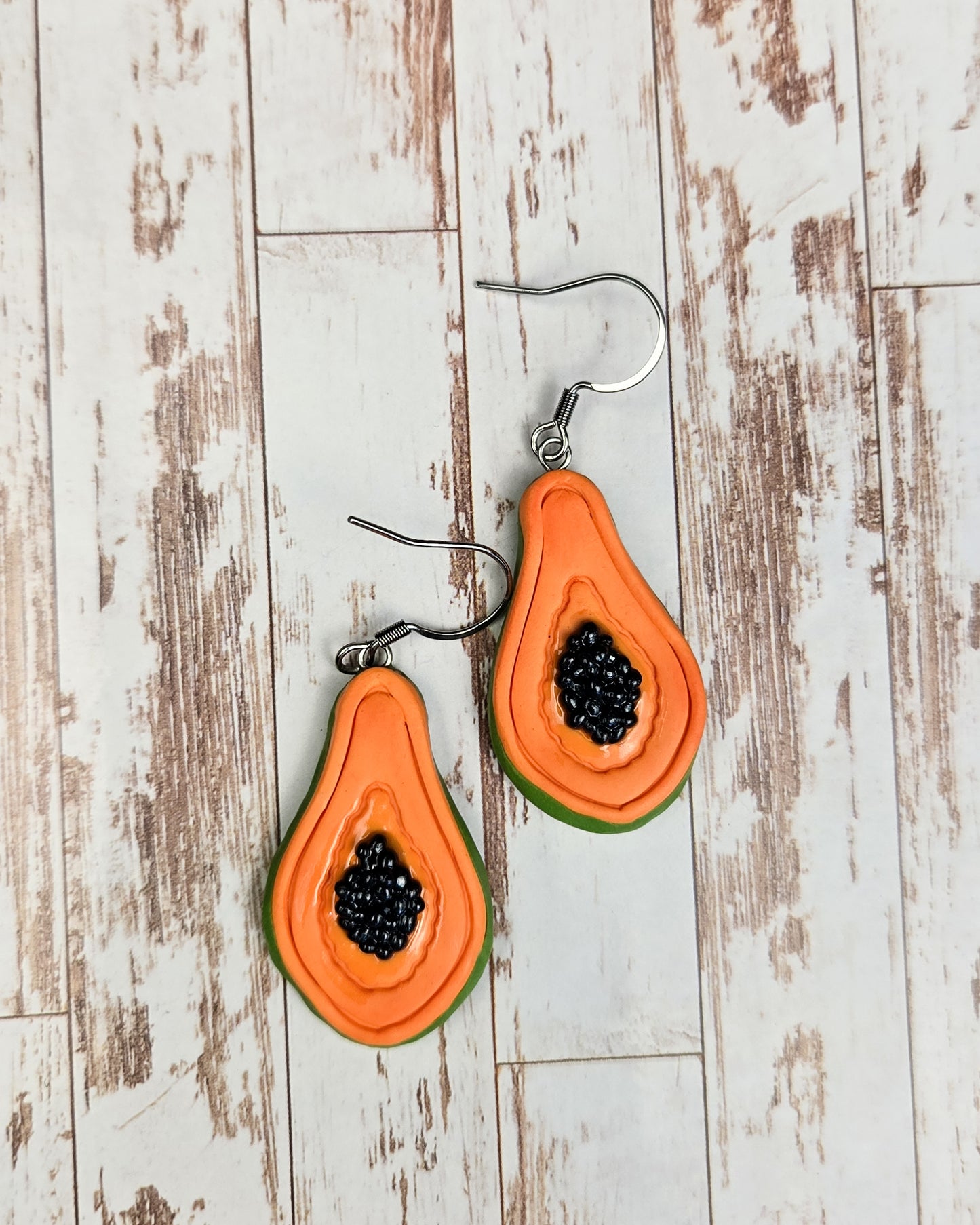 Handsculpted Papaya Earrings, individually hand rolled seeds
