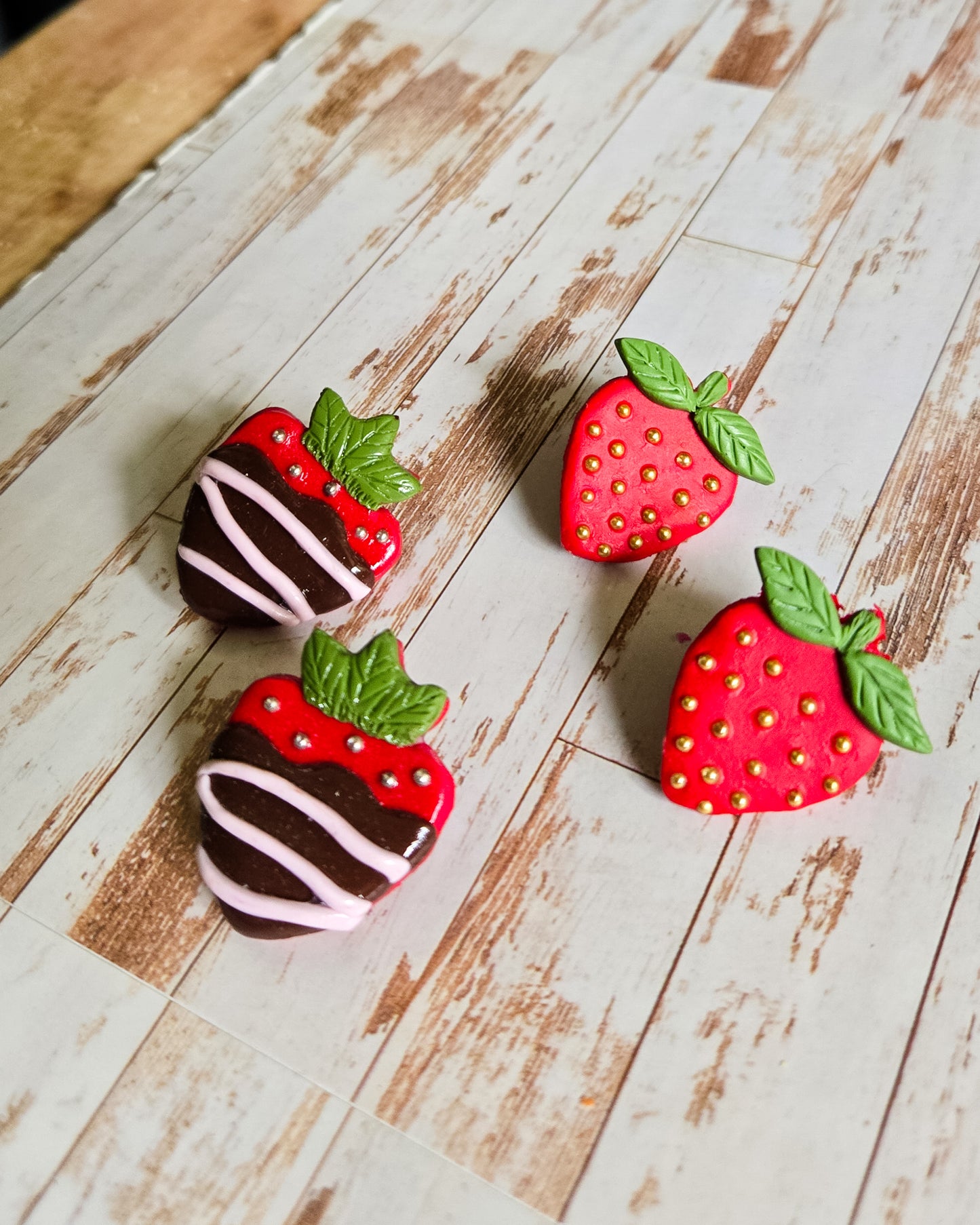 Strawberry Stud Earrings, chocolate covered strawberries, gold bead strawberries