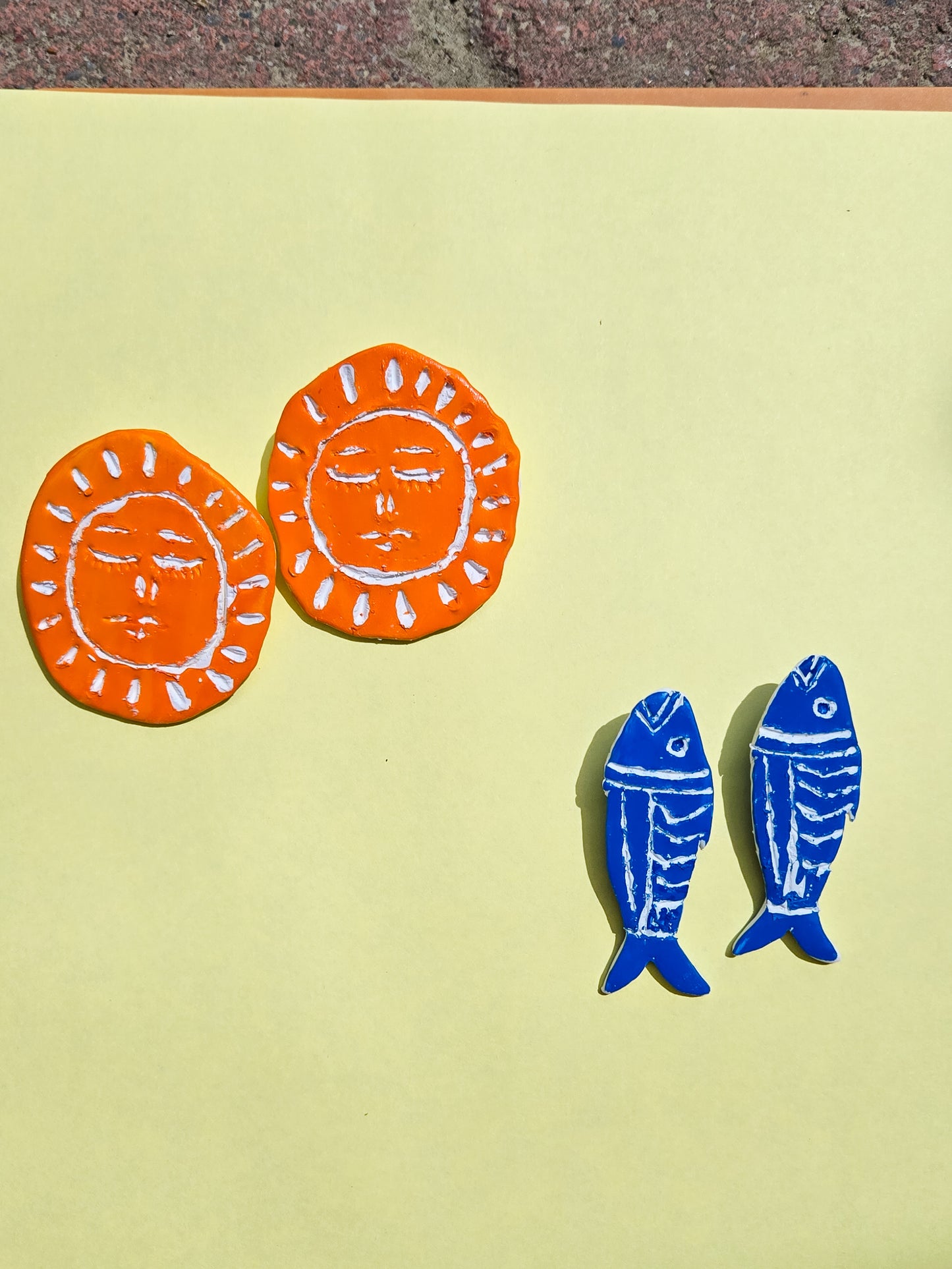 Handcarved Sgraffito Style Fish and Sun Earrings