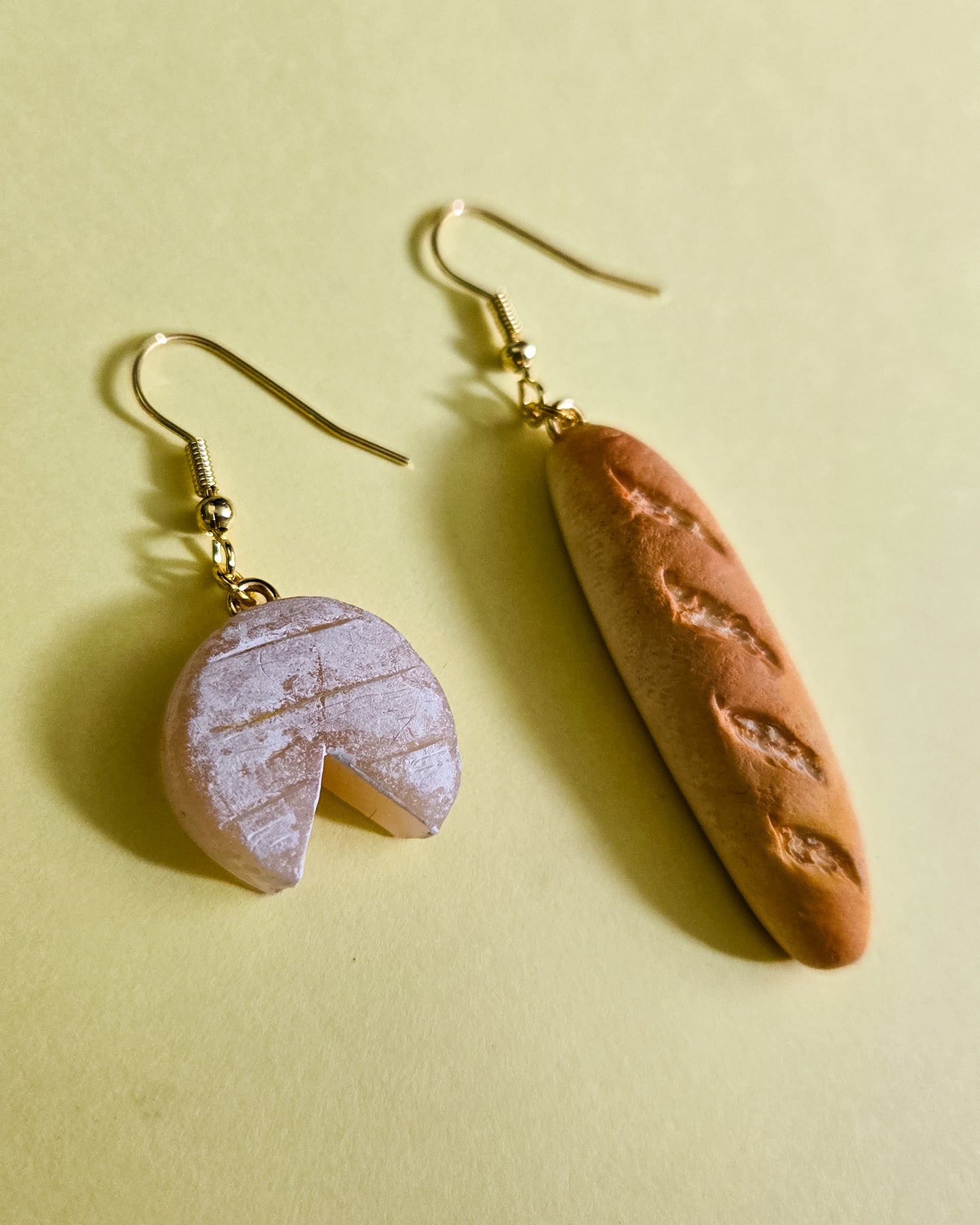 Handsculpted Brie and Baguette Earrings, girl dinner