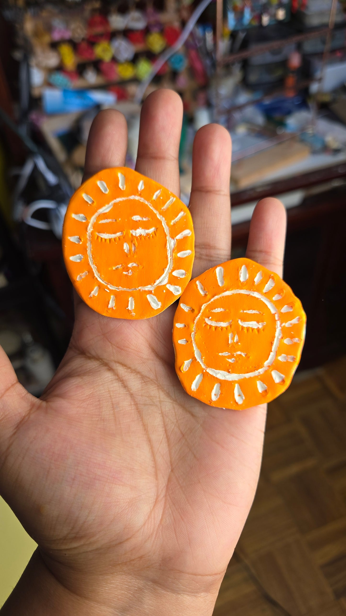 Handcarved Sgraffito Style Fish and Sun Earrings