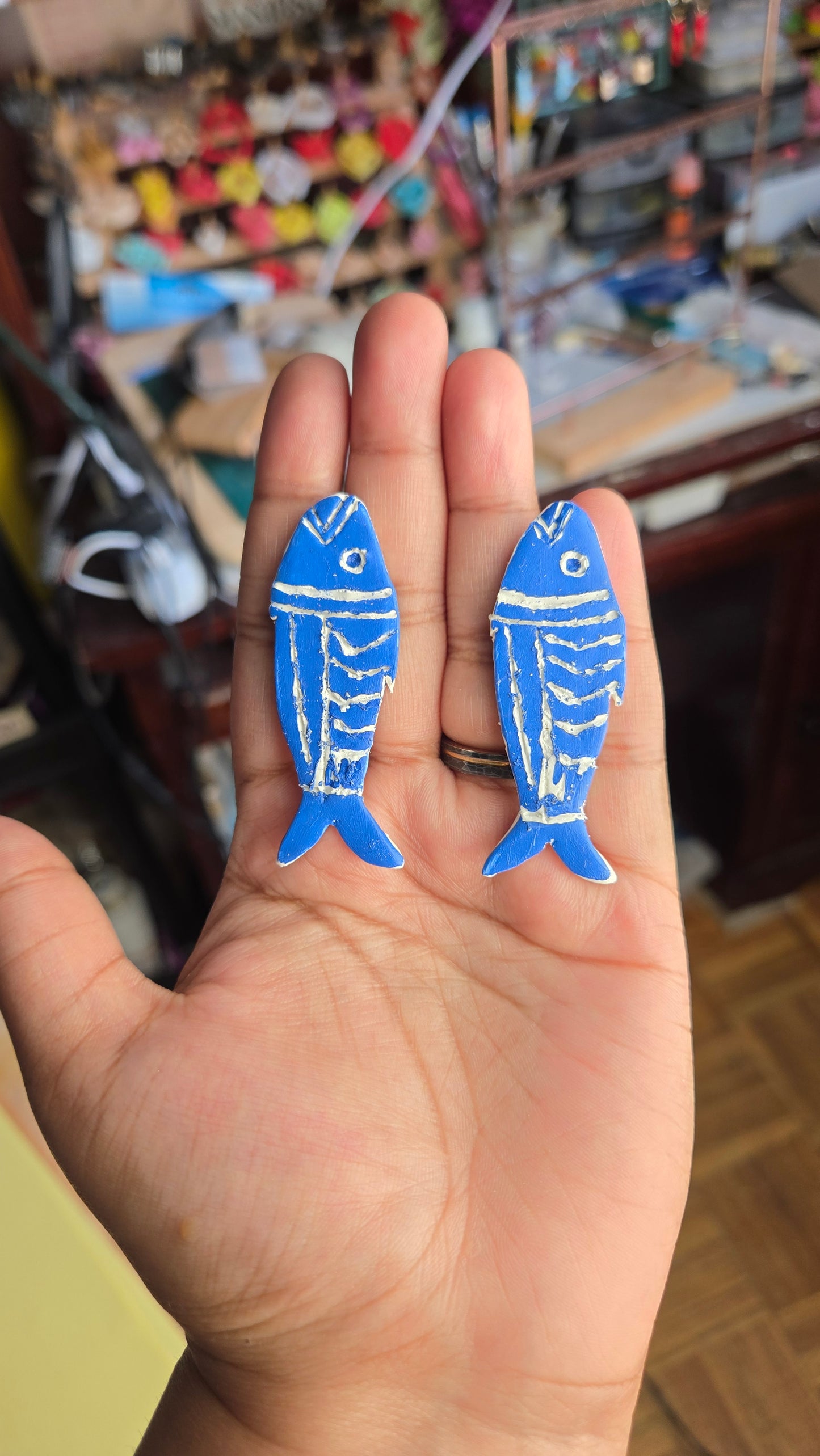 Handcarved Sgraffito Style Fish and Sun Earrings