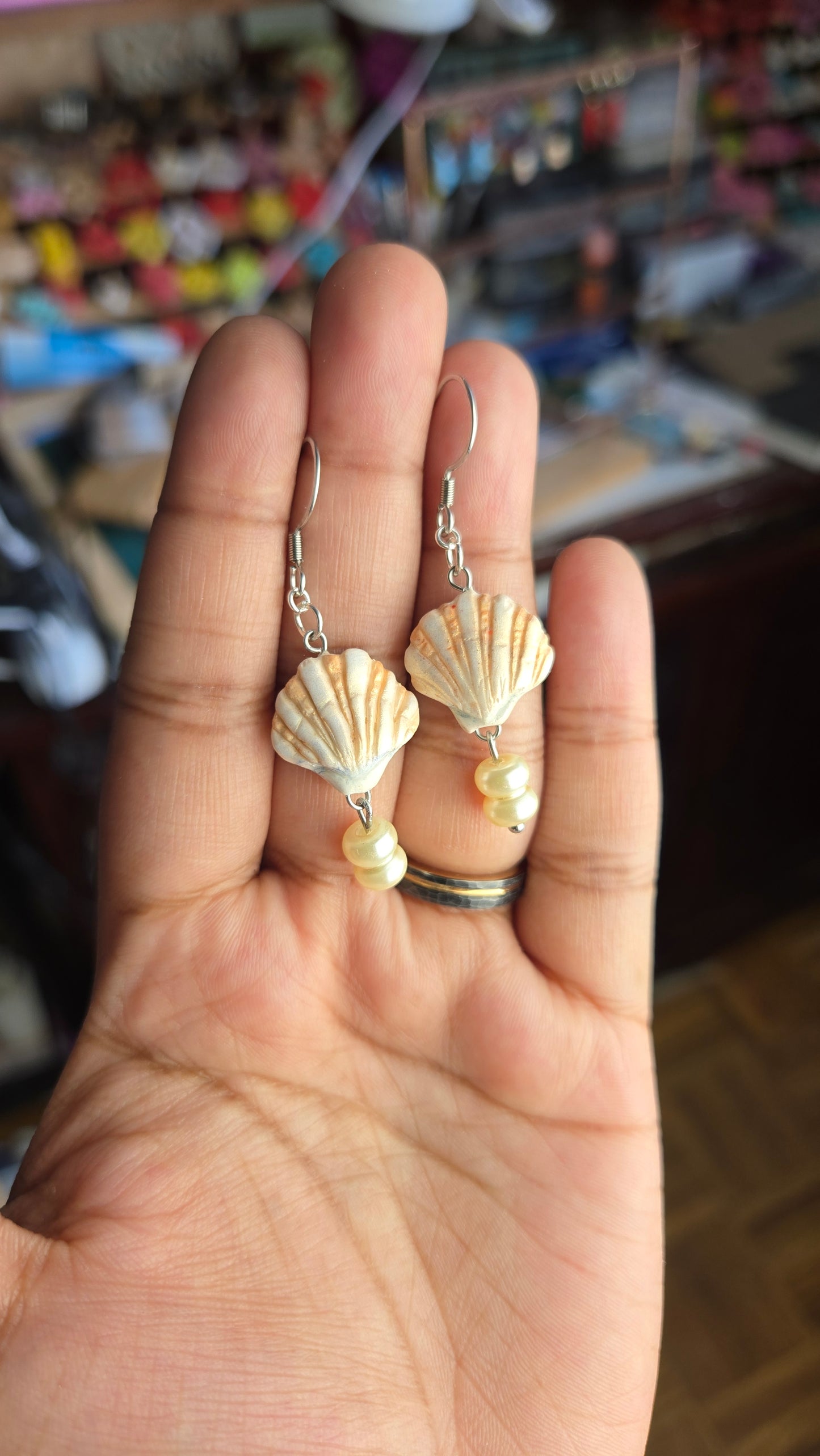 Seashell Pearl Earrings, handsculpted