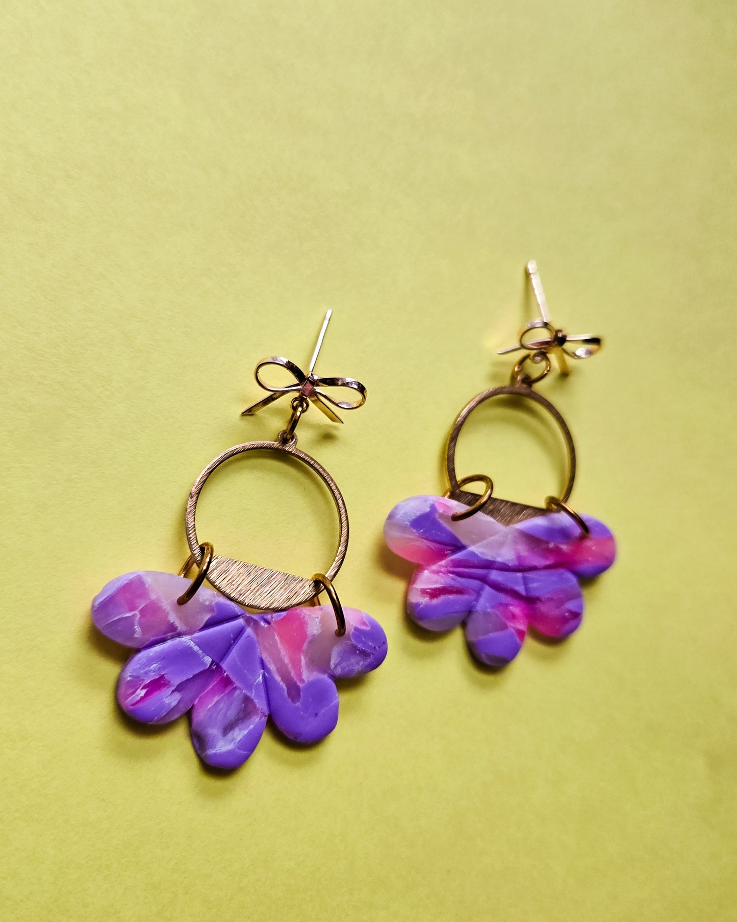 14K gold plated bow studs with gold plated brass, purple pink gorgeous earrings