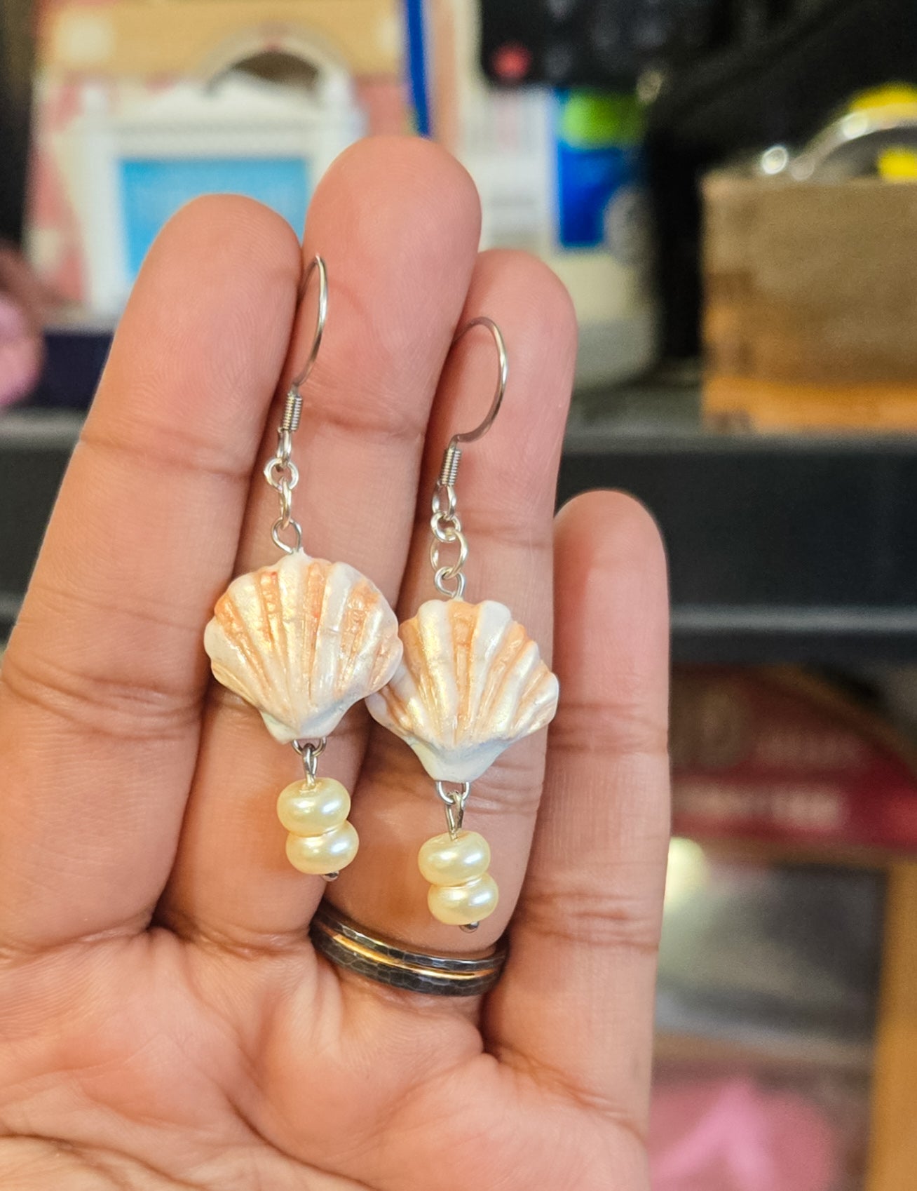 Seashell Pearl Earrings, handsculpted