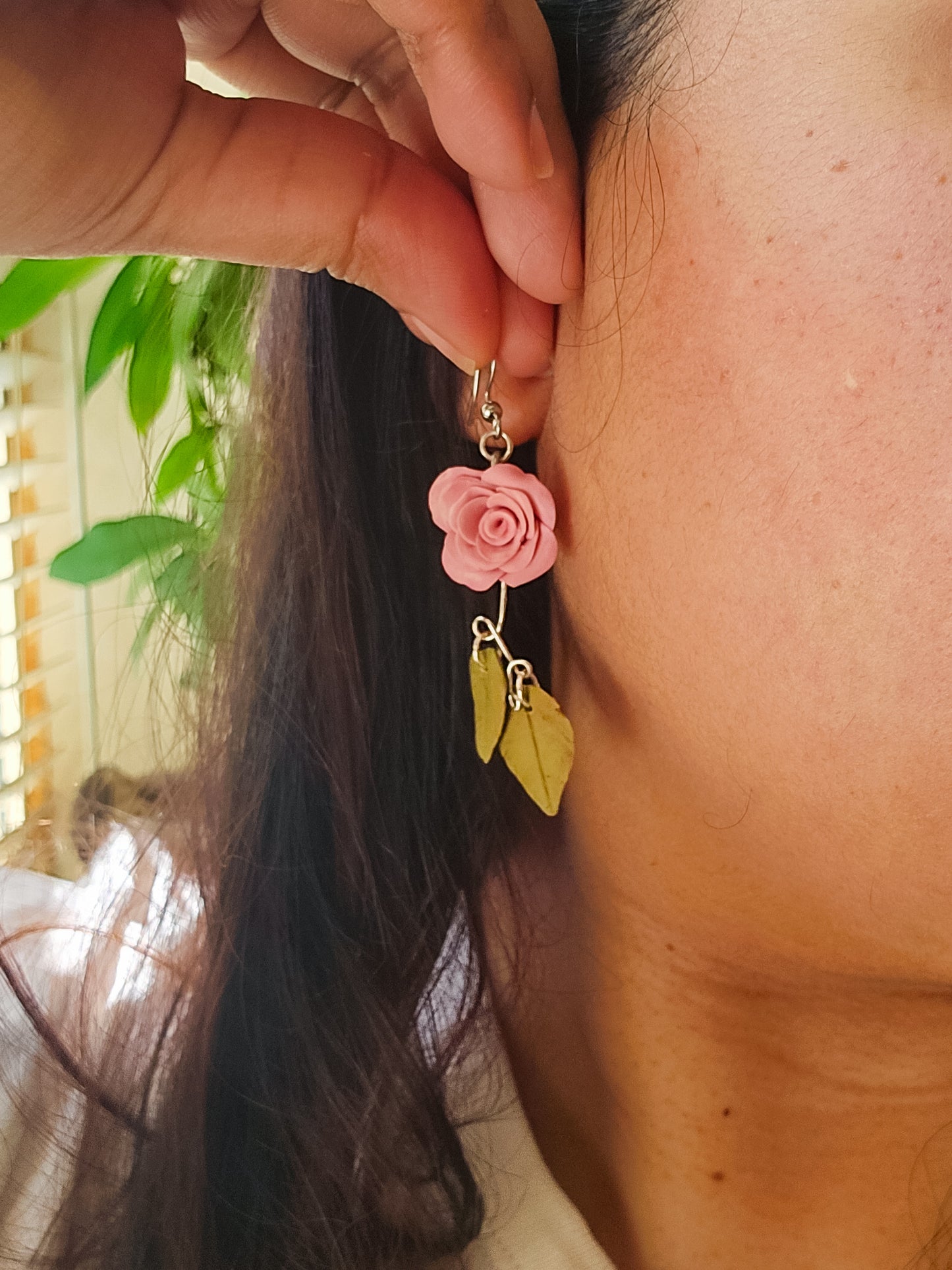 Handsculpted Rose Earrings, two colours available, red and pink