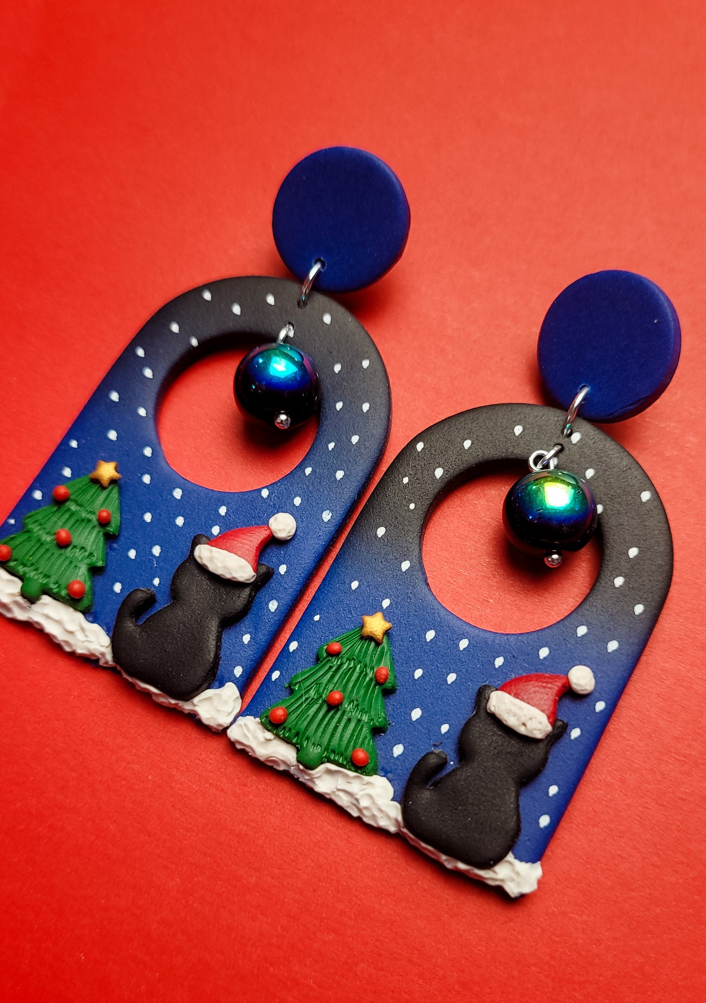 Christmas Cat Earrings, aurora borealis beads