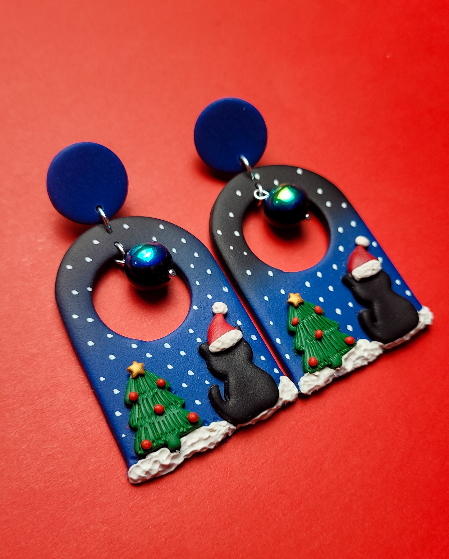 Christmas Cat Earrings, aurora borealis beads