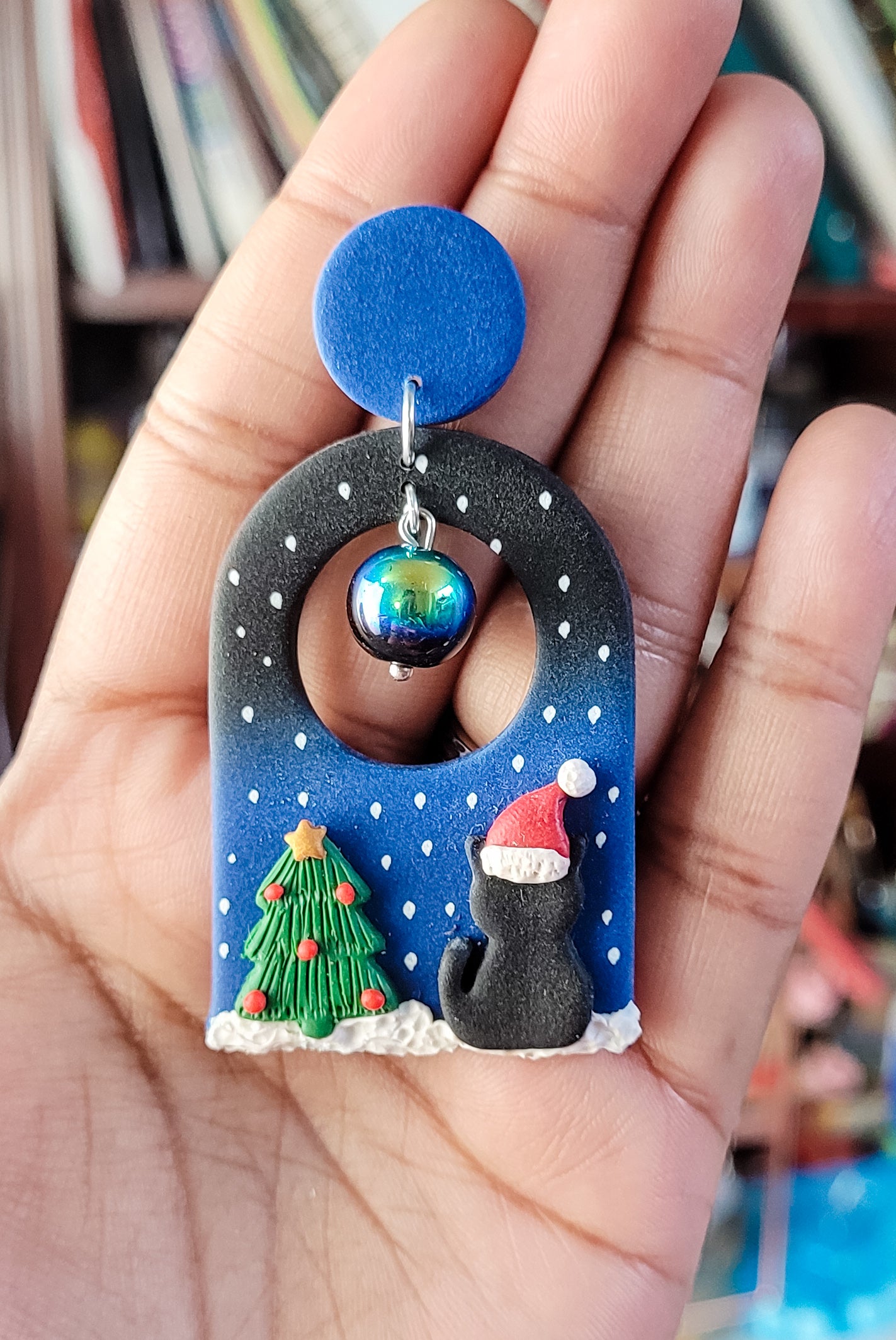 Christmas Cat Earrings, aurora borealis beads