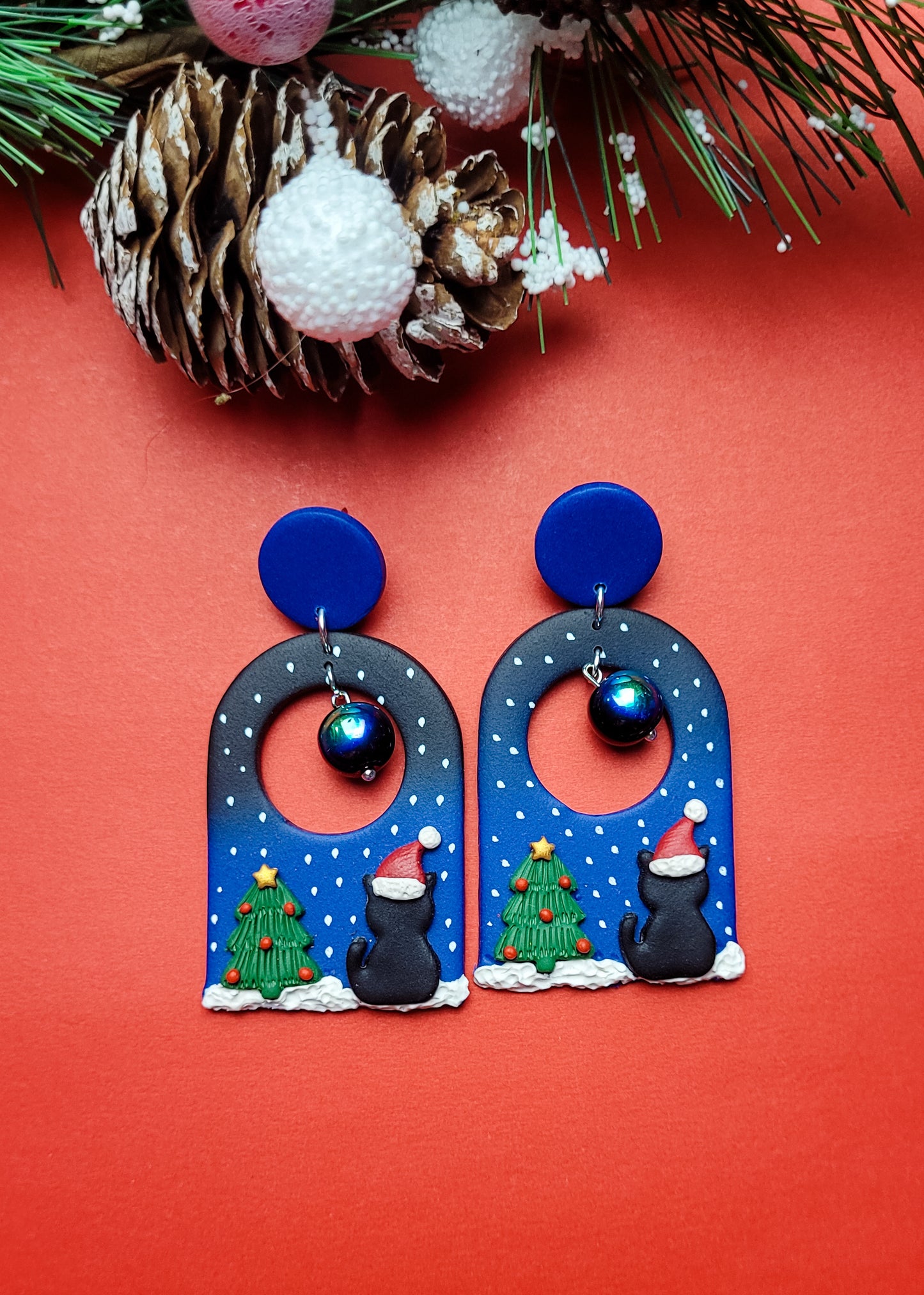 Christmas Cat Earrings, aurora borealis beads