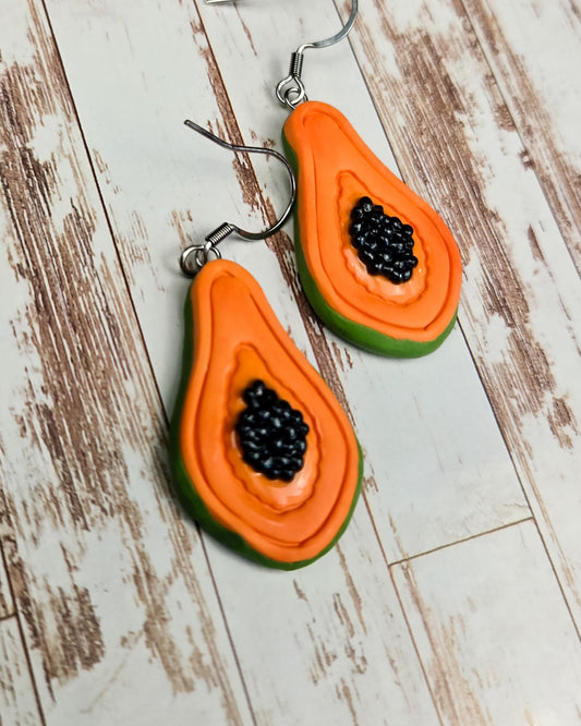 Handsculpted Papaya Earrings, individually hand rolled seeds