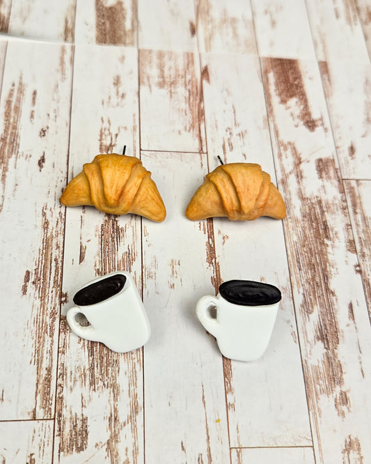 Handsculpted Croissant and Coffee Earrings