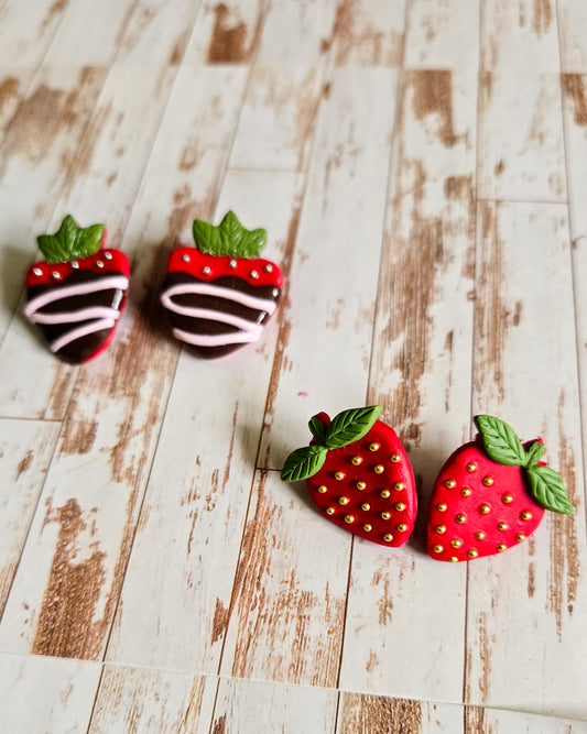 Strawberry Stud Earrings, chocolate covered strawberries, gold bead strawberries