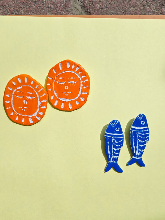 Handcarved Sgraffito Style Fish and Sun Earrings