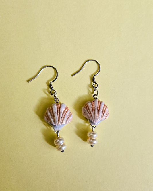 Seashell Pearl Earrings, handsculpted