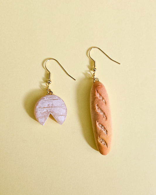 Handsculpted Brie and Baguette Earrings, girl dinner