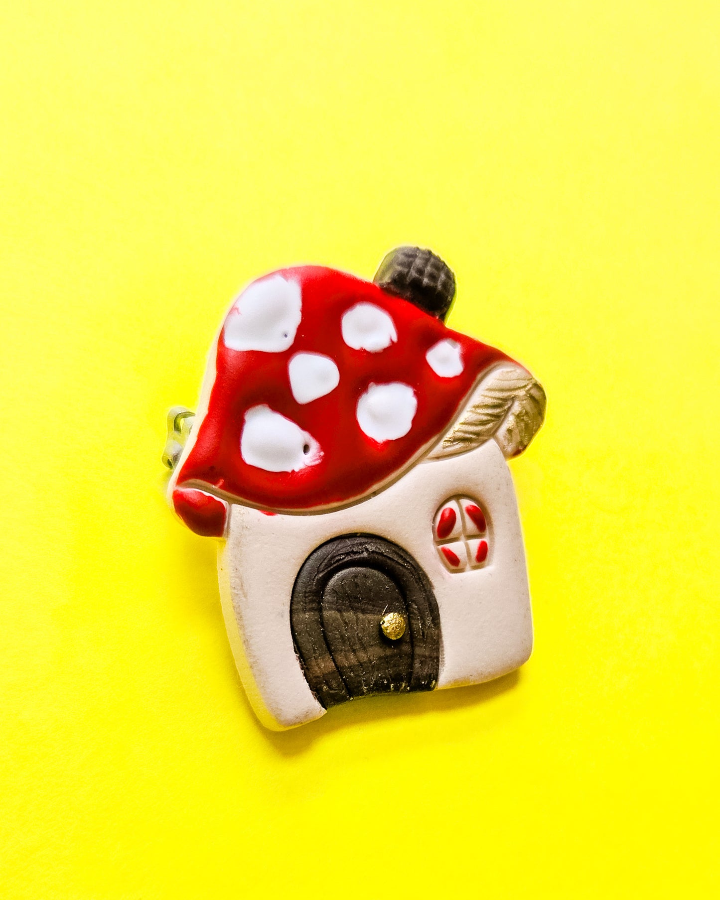 Handsculpted Mushroom House brooch/pin