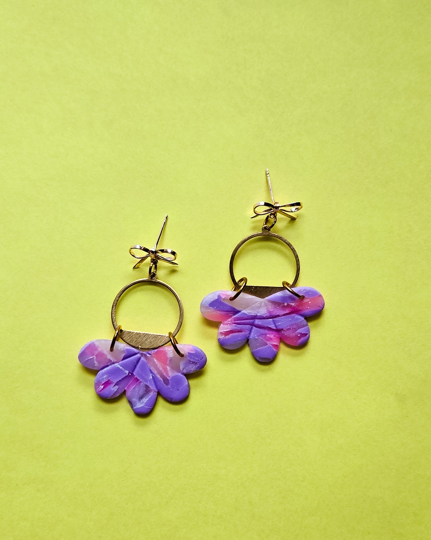 14K gold plated bow studs with gold plated brass, purple pink gorgeous earrings