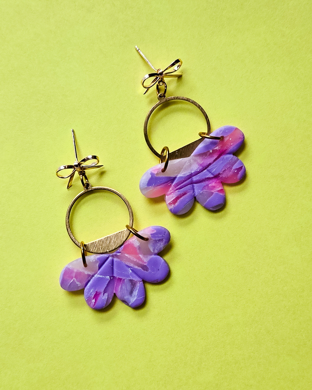 14K gold plated bow studs with gold plated brass, purple pink gorgeous earrings
