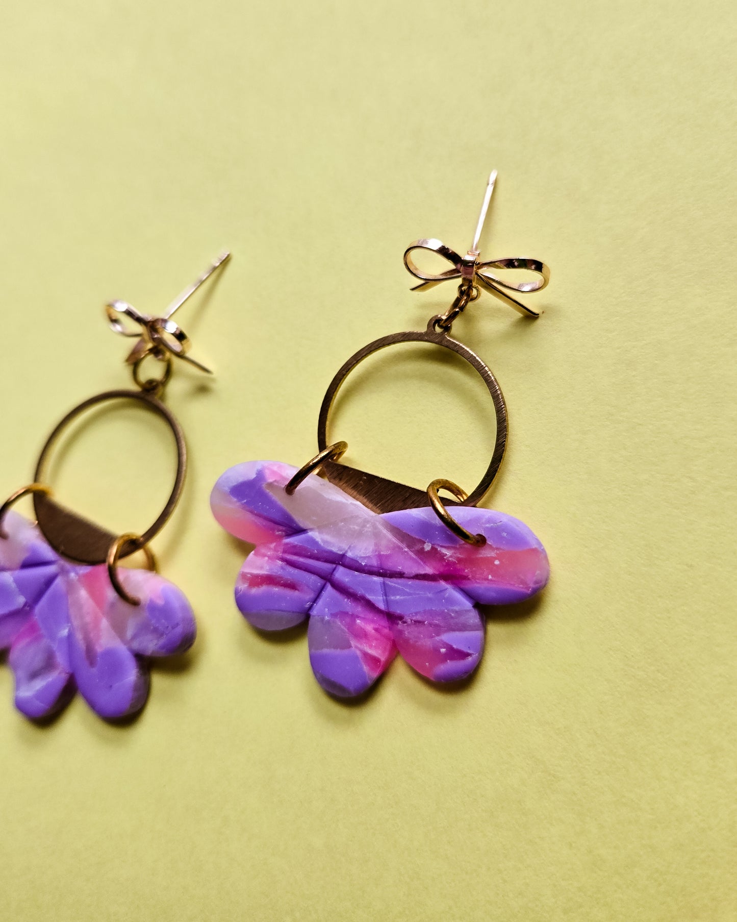 14K gold plated bow studs with gold plated brass, purple pink gorgeous earrings