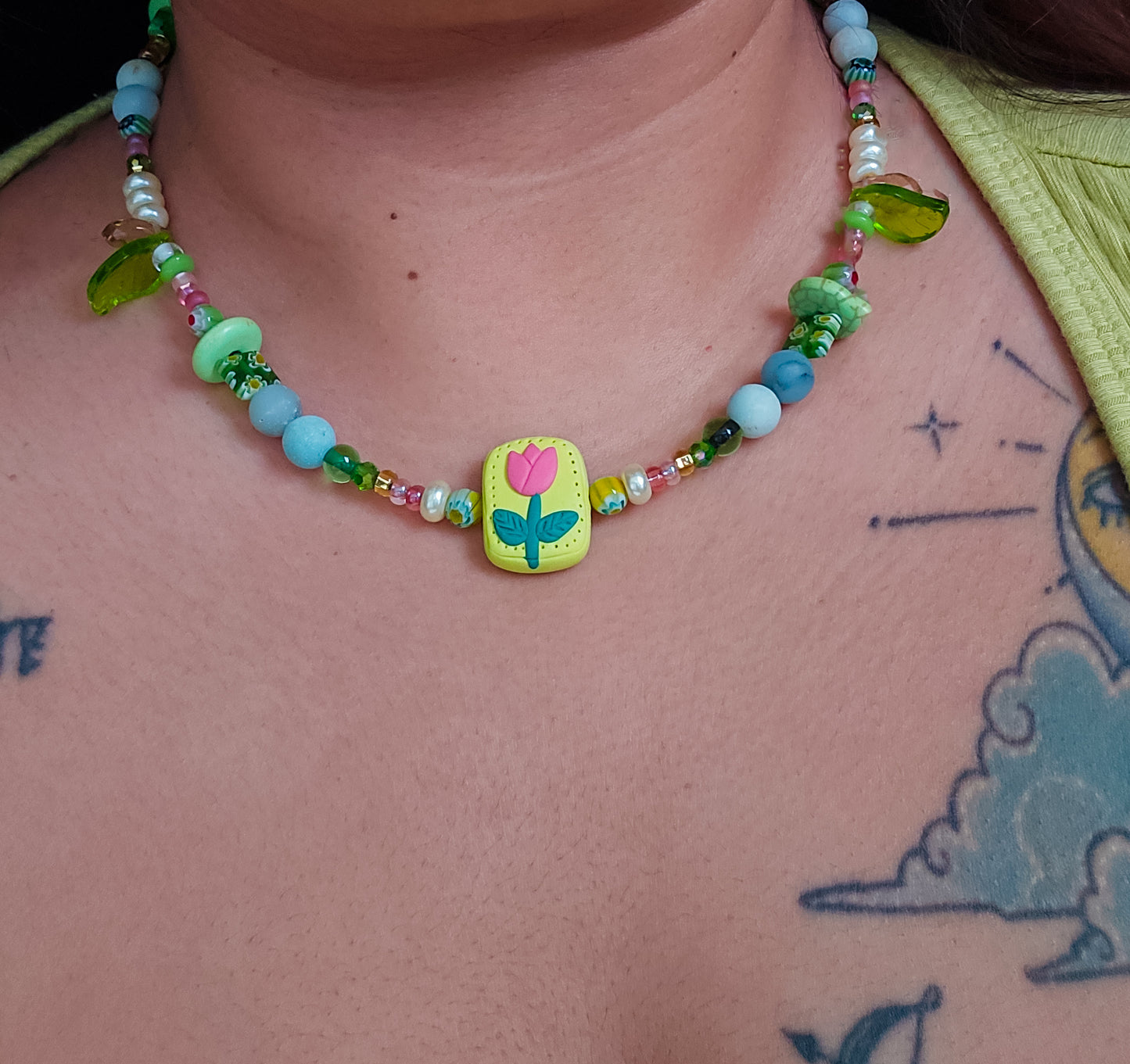 Pink and Green beaded necklace with handsculpted tulip pendant, wear it 2 ways (see pics)
