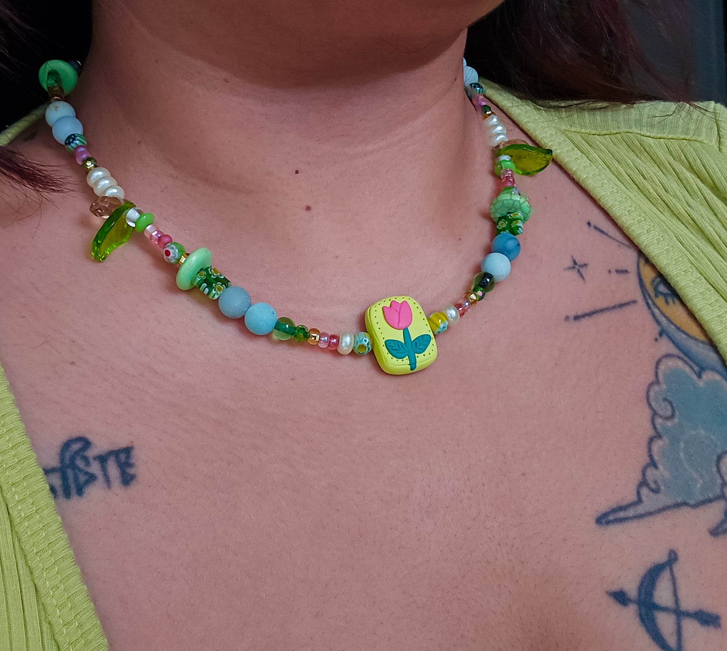 Pink and Green beaded necklace with handsculpted tulip pendant, wear it 2 ways (see pics)