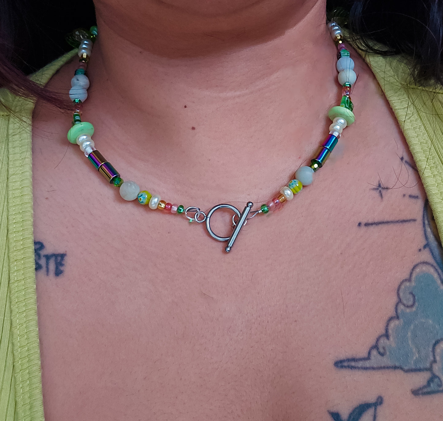 Pink and Green beaded necklace with handsculpted tulip pendant, wear it 2 ways (see pics)