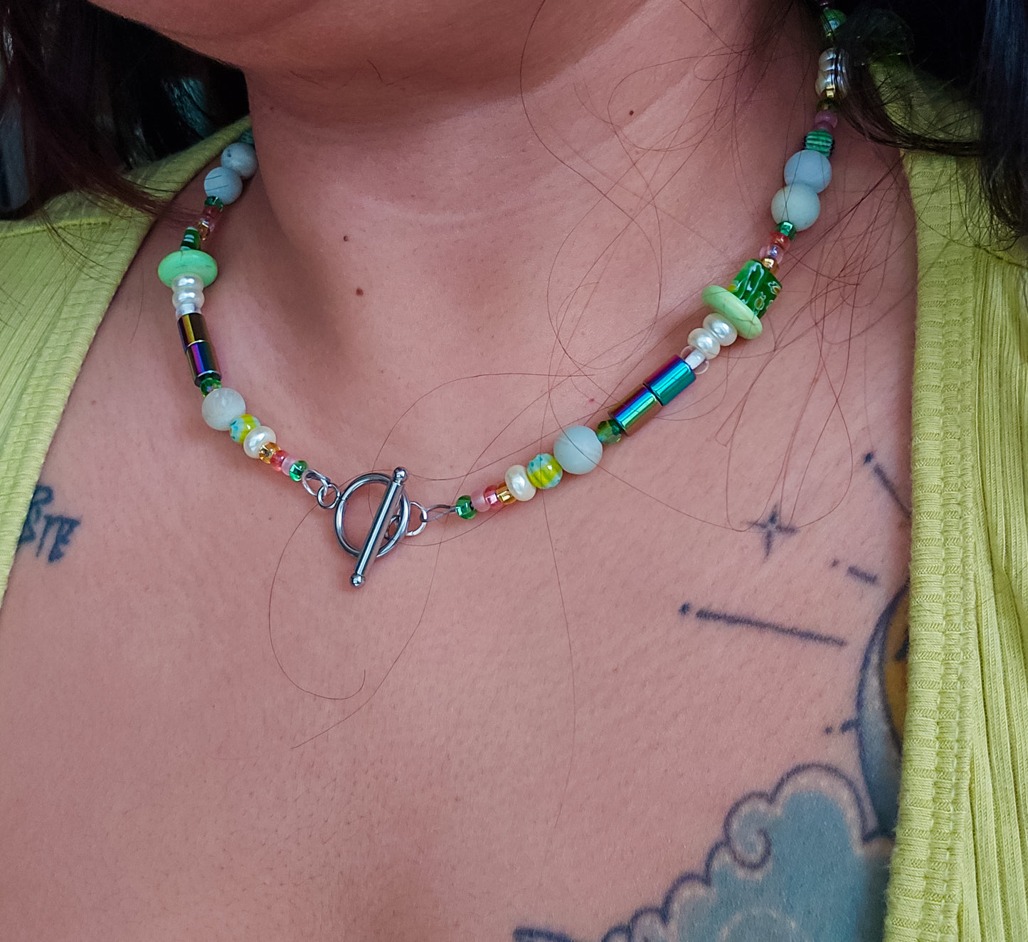 Pink and Green beaded necklace with handsculpted tulip pendant, wear it 2 ways (see pics)