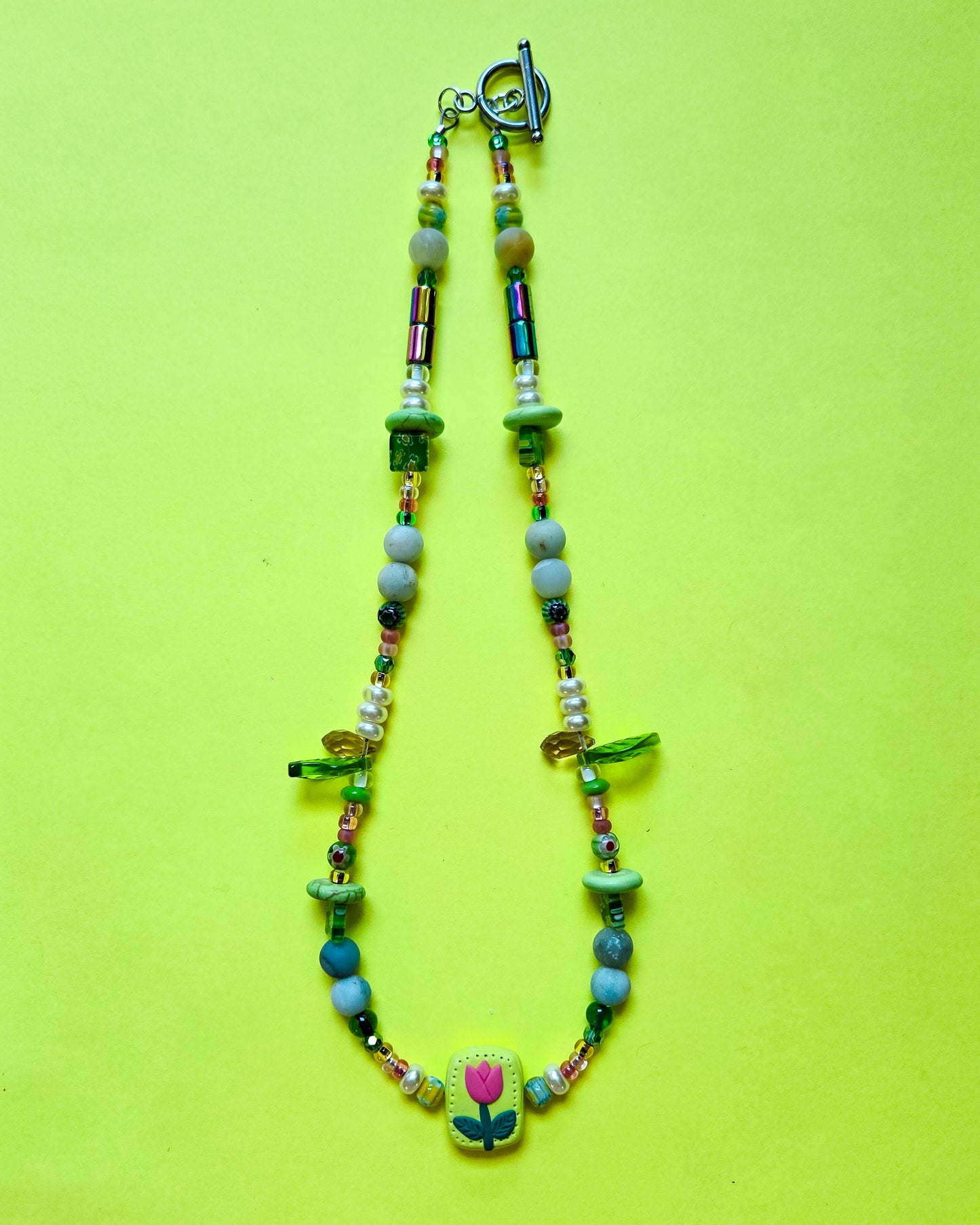 Pink and Green beaded necklace with handsculpted tulip pendant, wear it 2 ways (see pics)