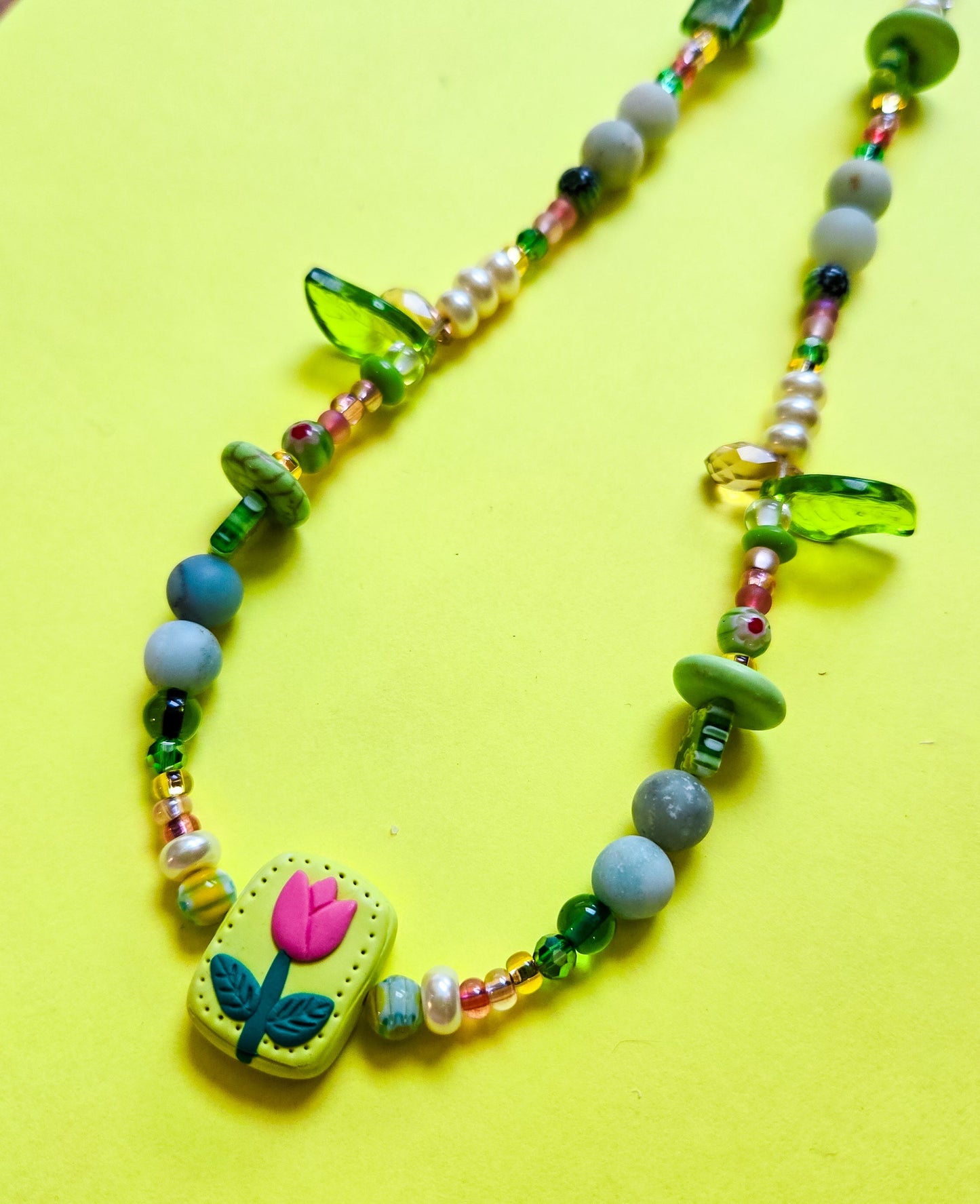 Pink and Green beaded necklace with handsculpted tulip pendant, wear it 2 ways (see pics)