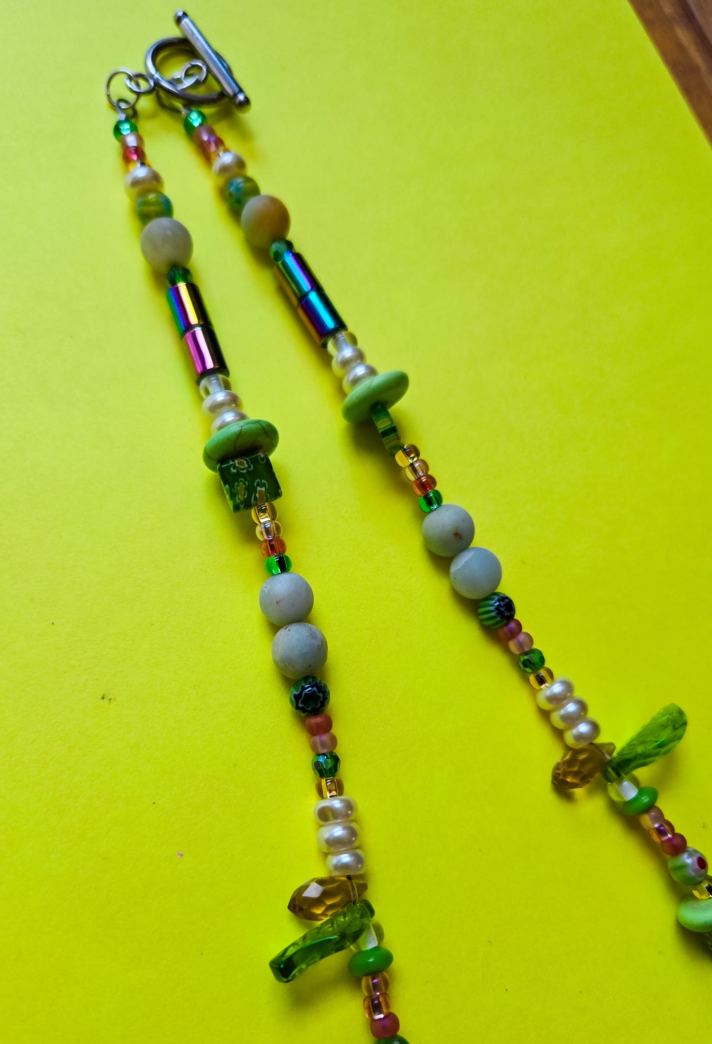 Pink and Green beaded necklace with handsculpted tulip pendant, wear it 2 ways (see pics)