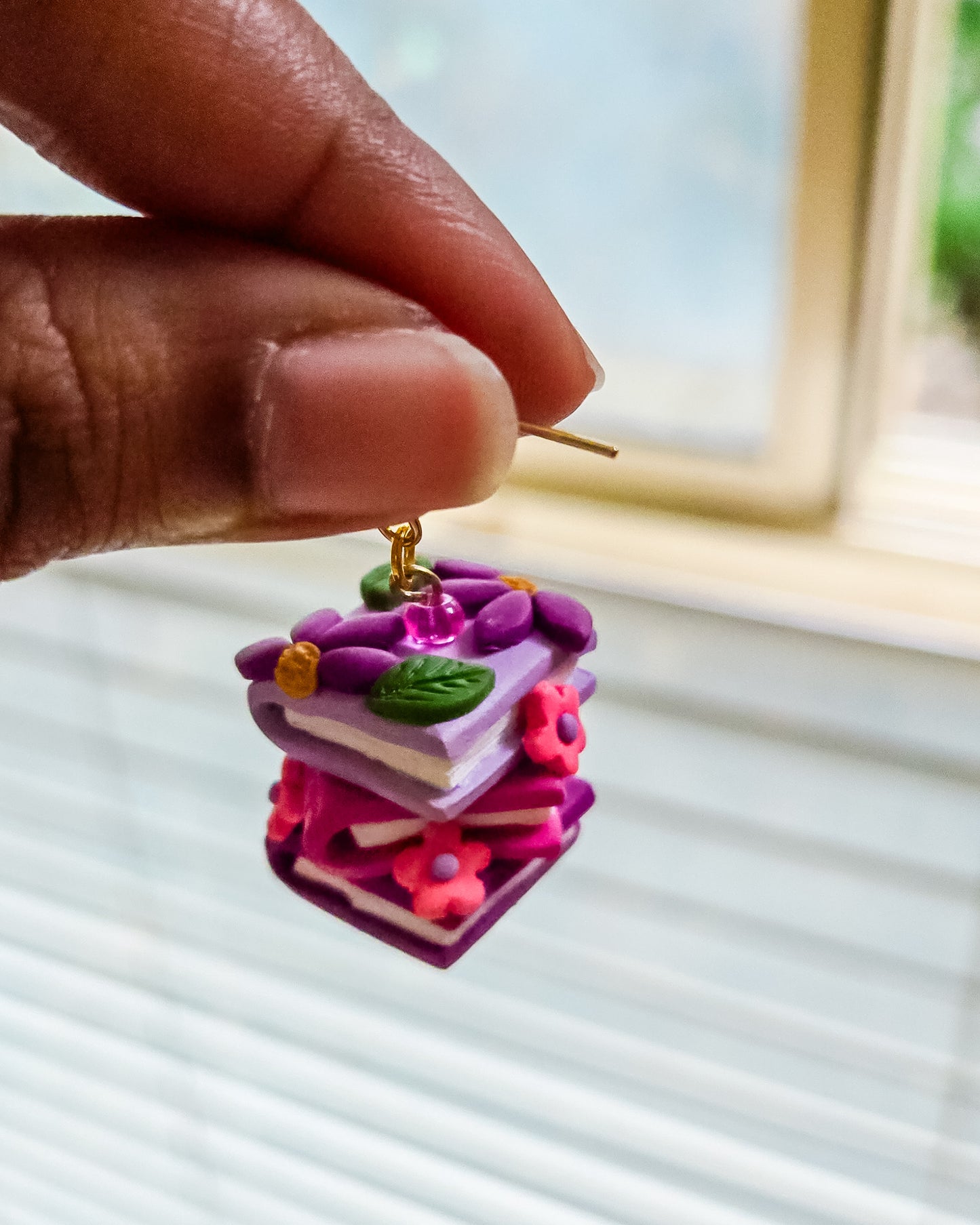 Handsculpted Floral Bookstack earrings with beads
