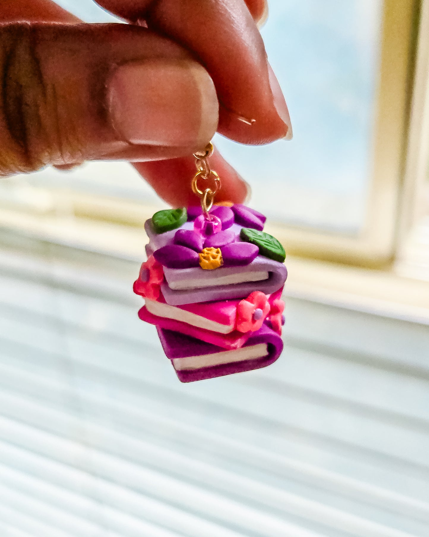 Handsculpted Floral Bookstack earrings with beads