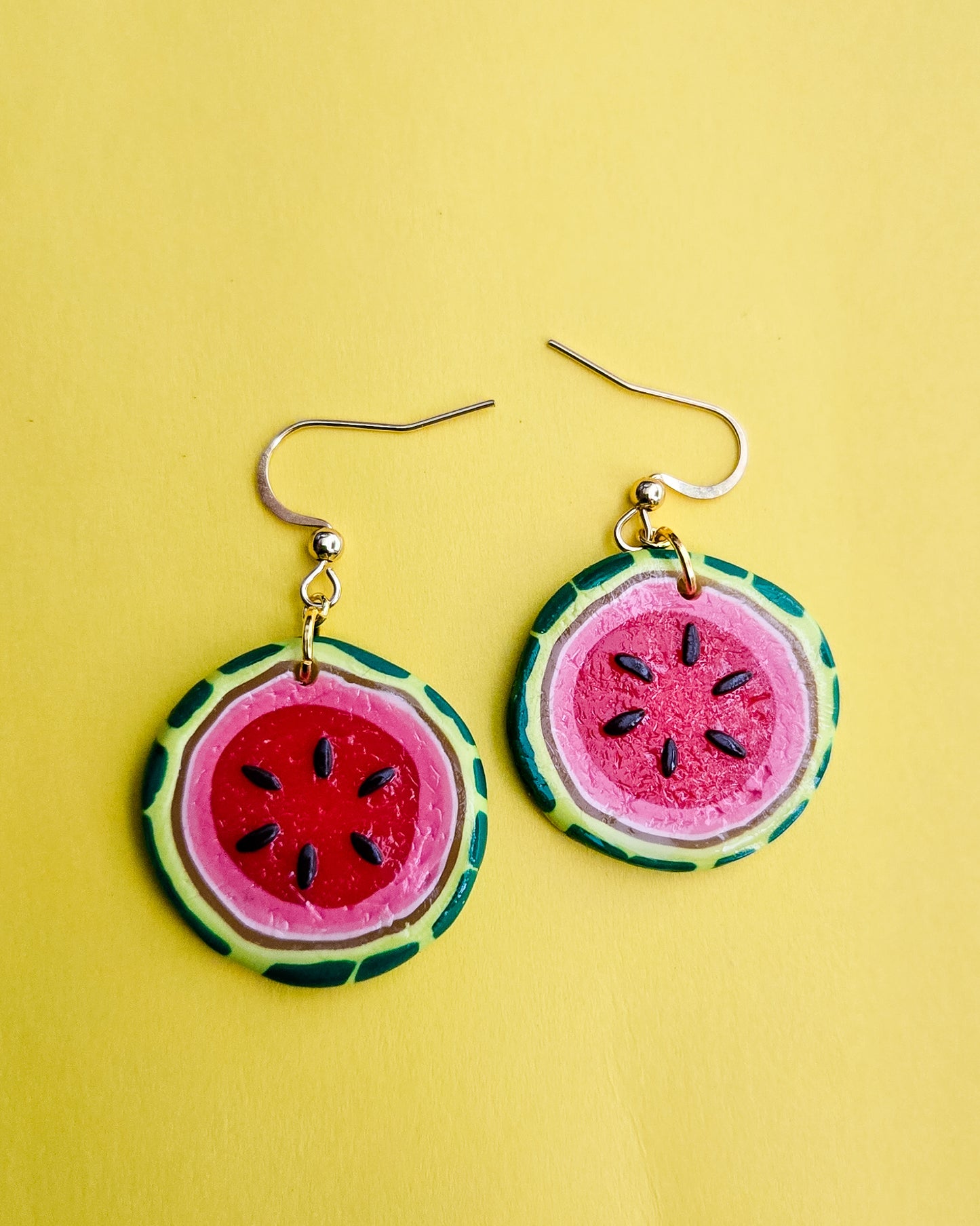 Handsculpted Watermelon Earrings, all clay no paint