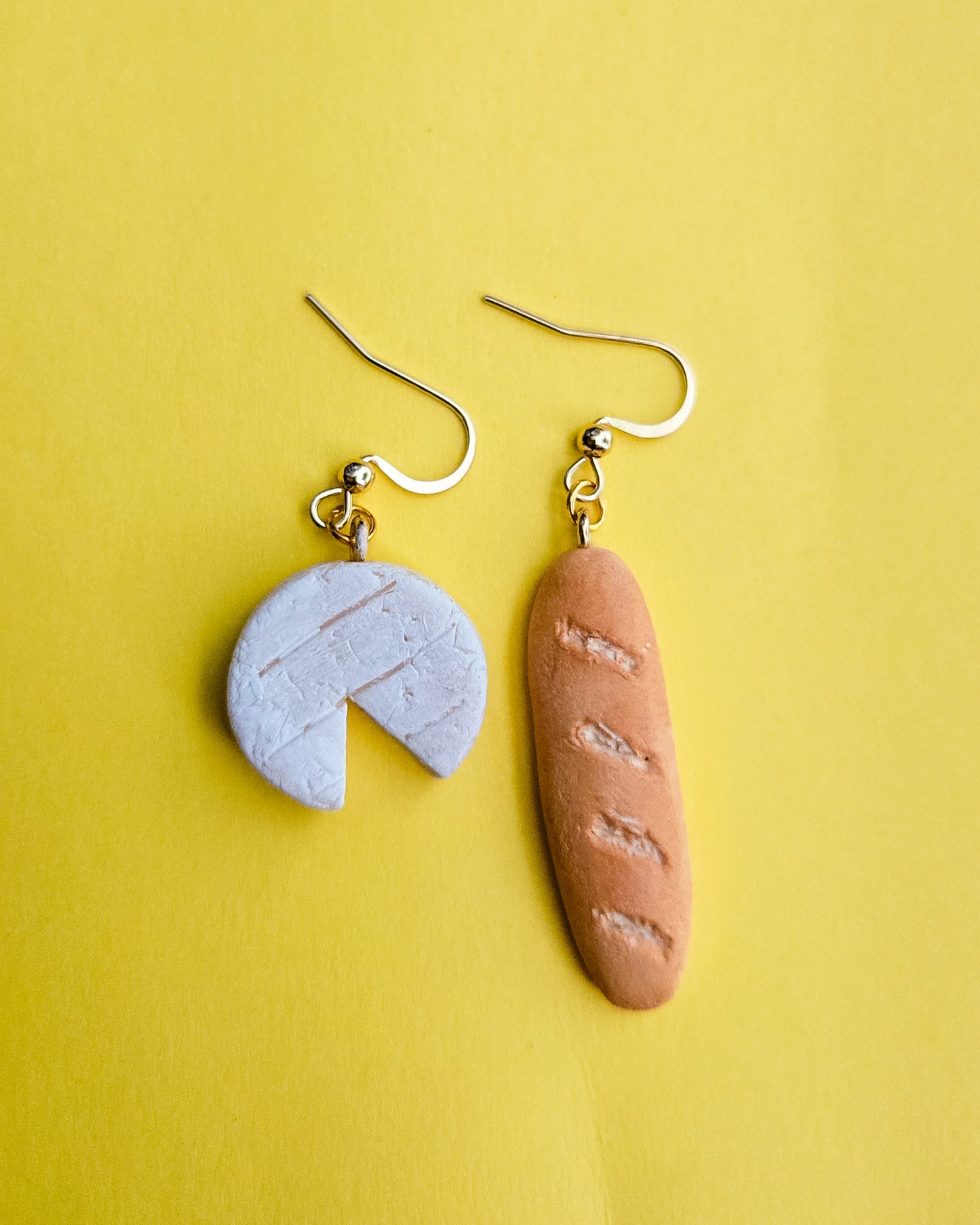Handsculpted Brie and Baguette Earrings, girl dinner