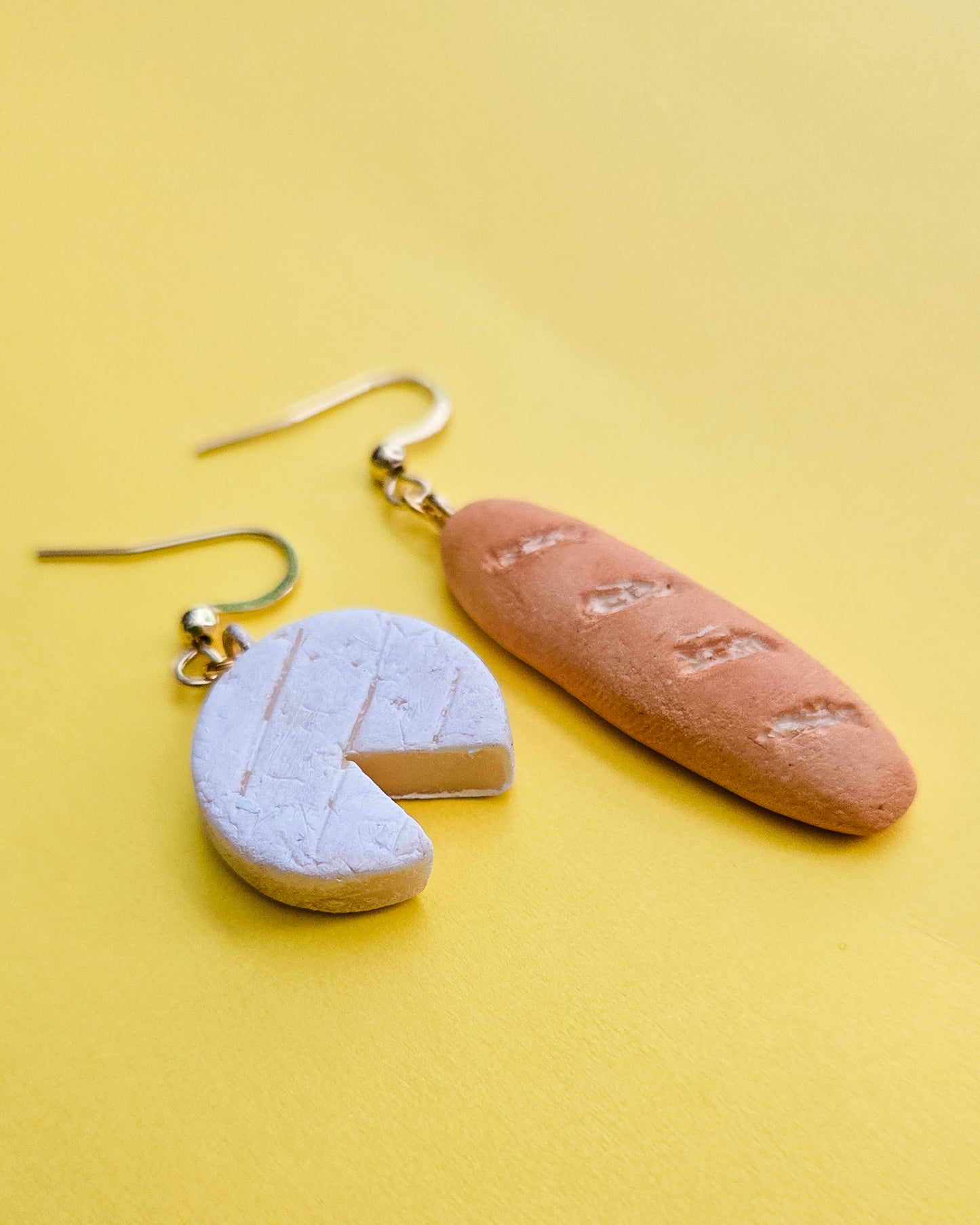 Handsculpted Brie and Baguette Earrings, girl dinner