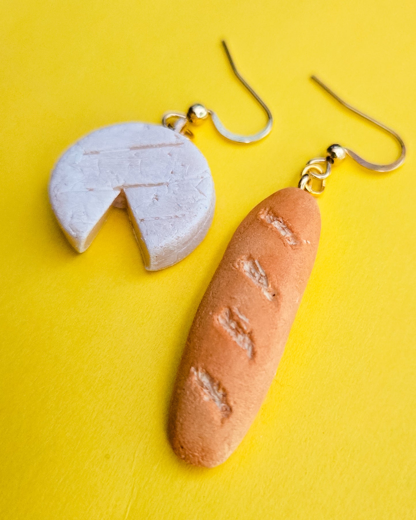 Handsculpted Brie and Baguette Earrings, girl dinner