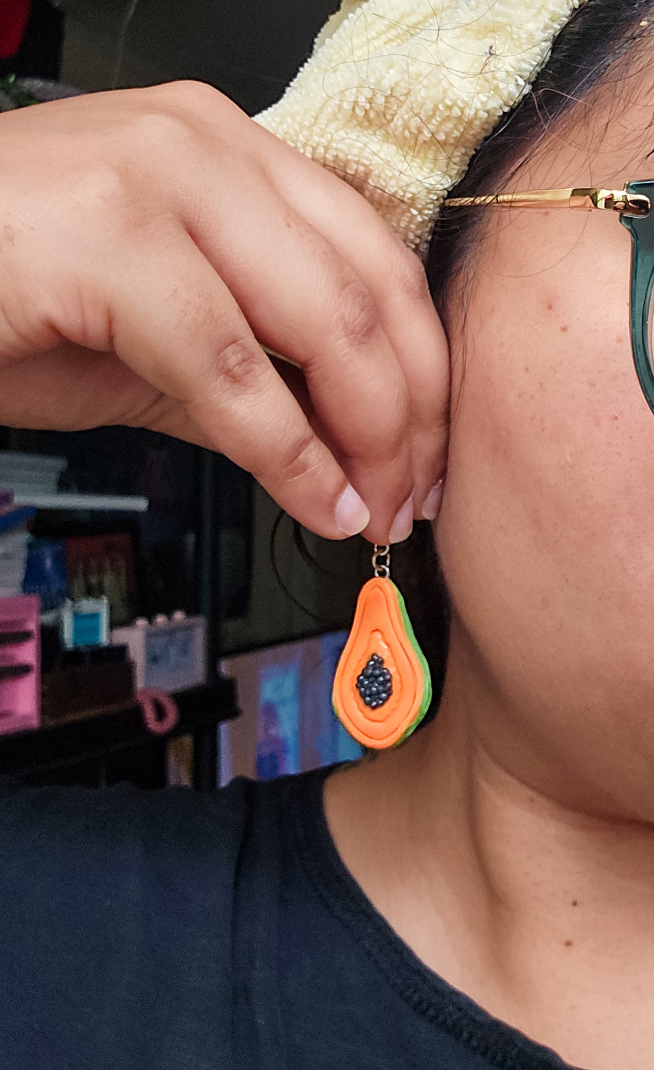 Handsculpted Papaya Earrings, individually hand rolled seeds