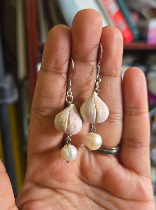 Garlic Pearl Earrings, handsculpted, freshwater potato pearl