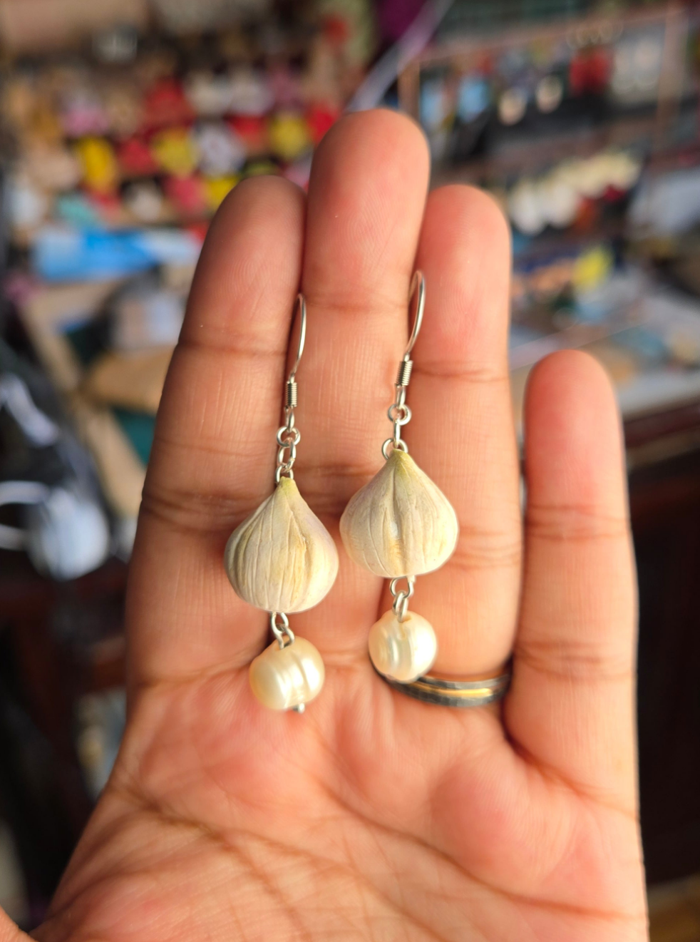 Garlic Pearl Earrings, handsculpted, freshwater potato pearl