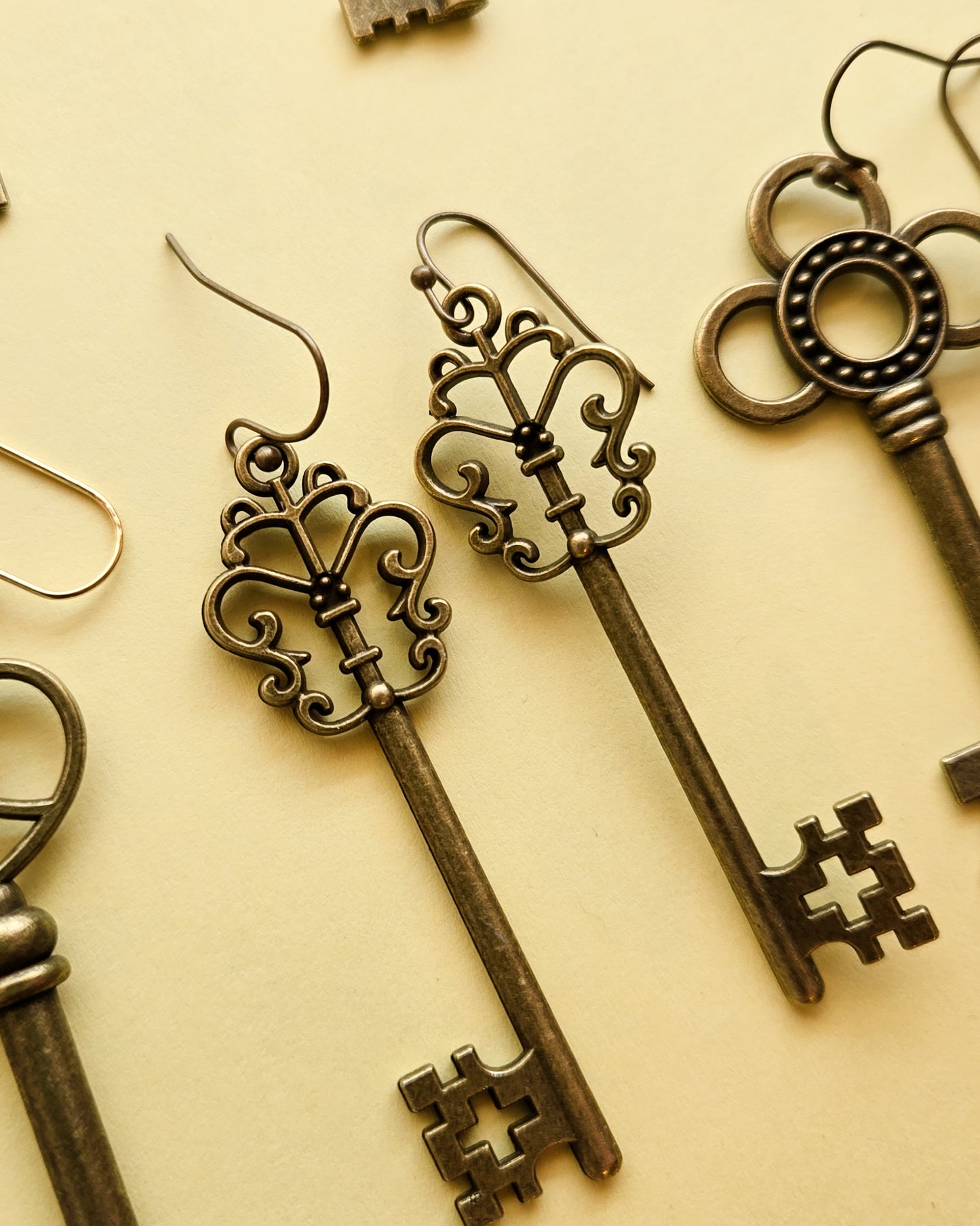 Secret Garden Key Earrings, antique bronze alloy keys, with stones and without