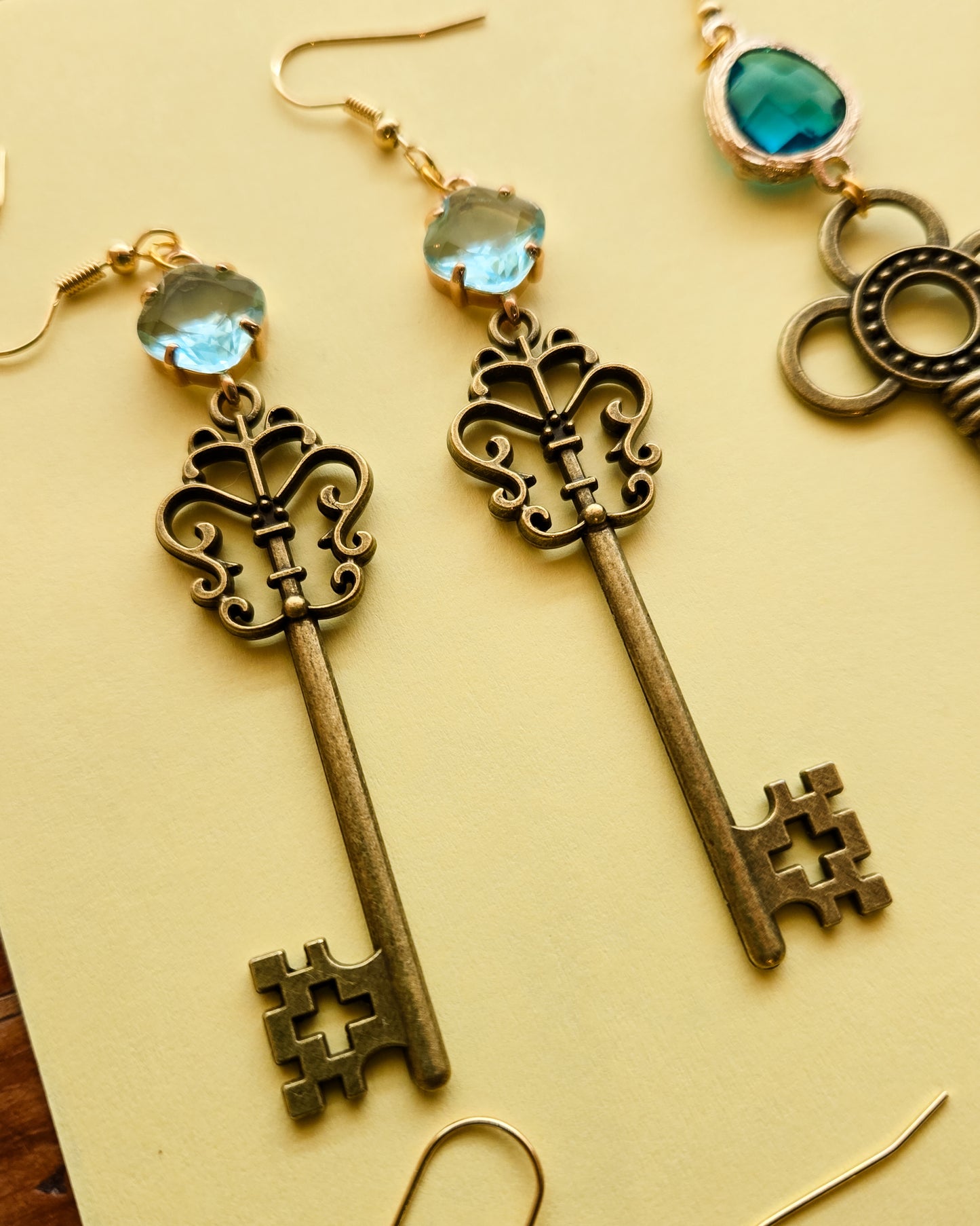 Secret Garden Key Earrings, antique bronze alloy keys, with stones and without