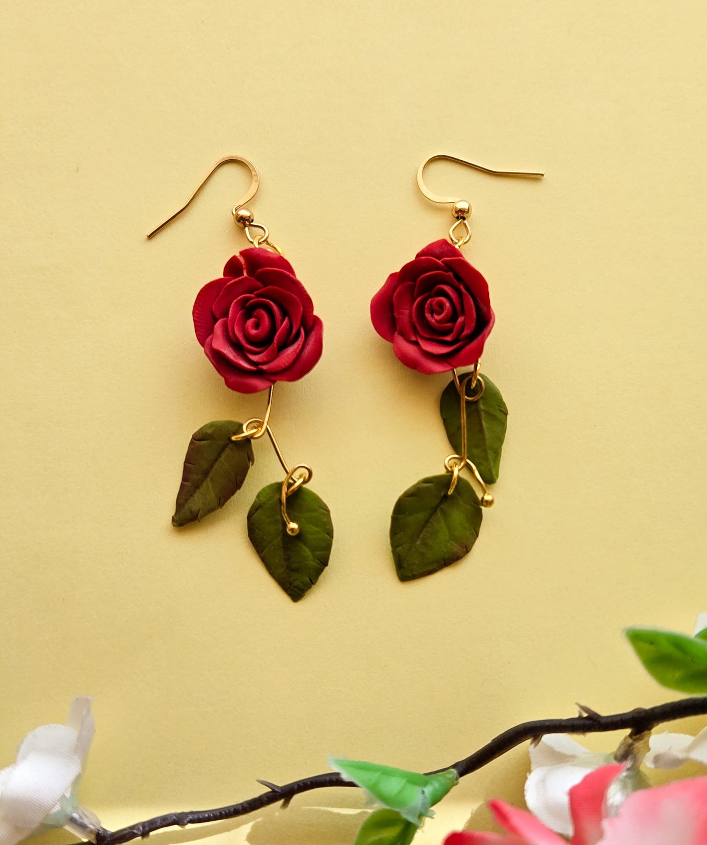 Handsculpted Rose Earrings, two colours available, red and pink