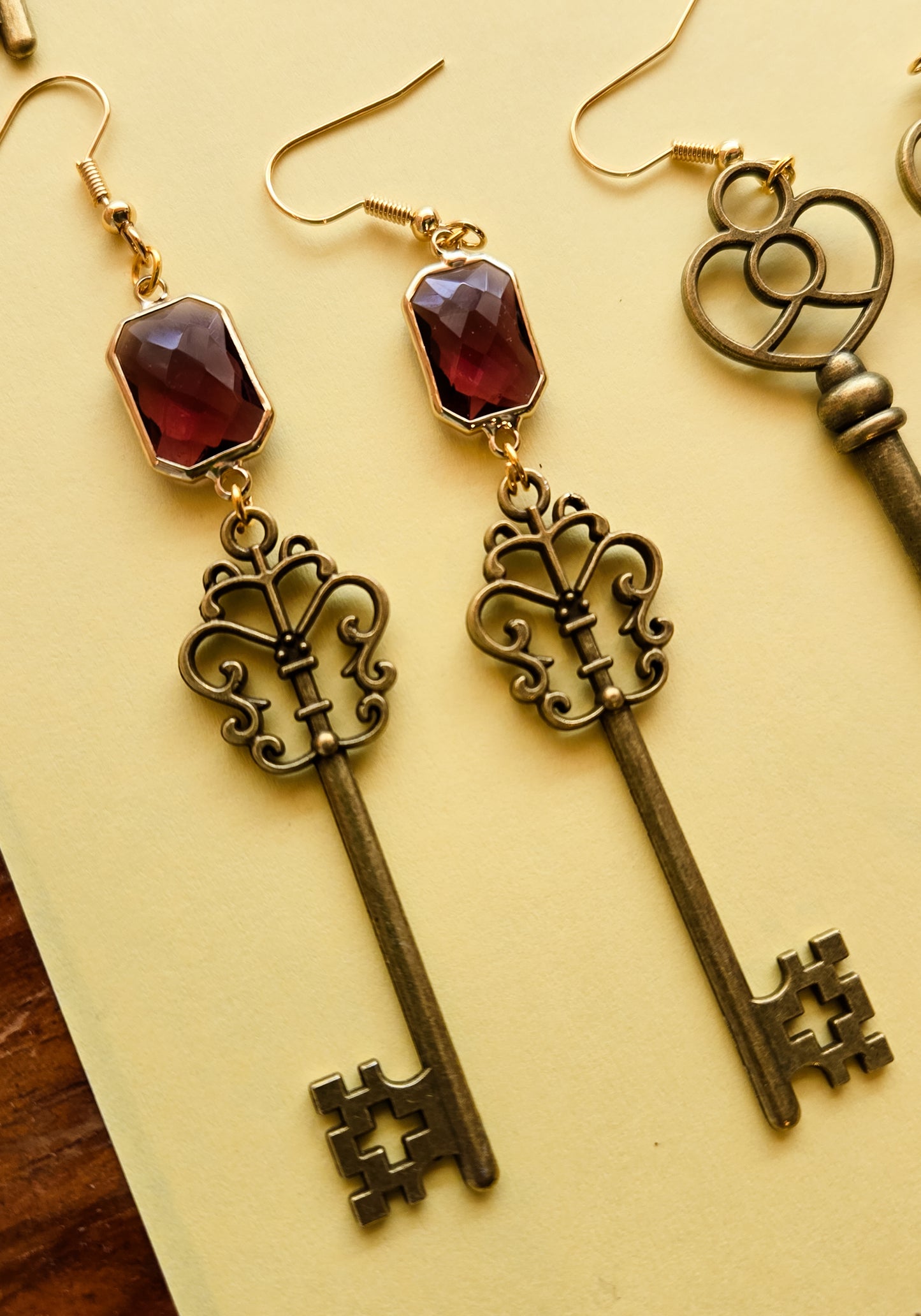Secret Garden Key Earrings, antique bronze alloy keys, with stones and without