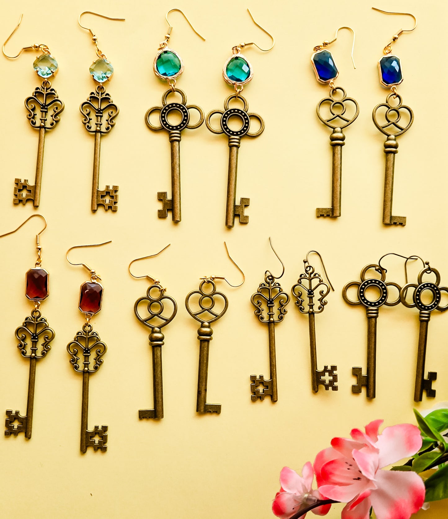 Secret Garden Key Earrings, antique bronze alloy keys, with stones and without