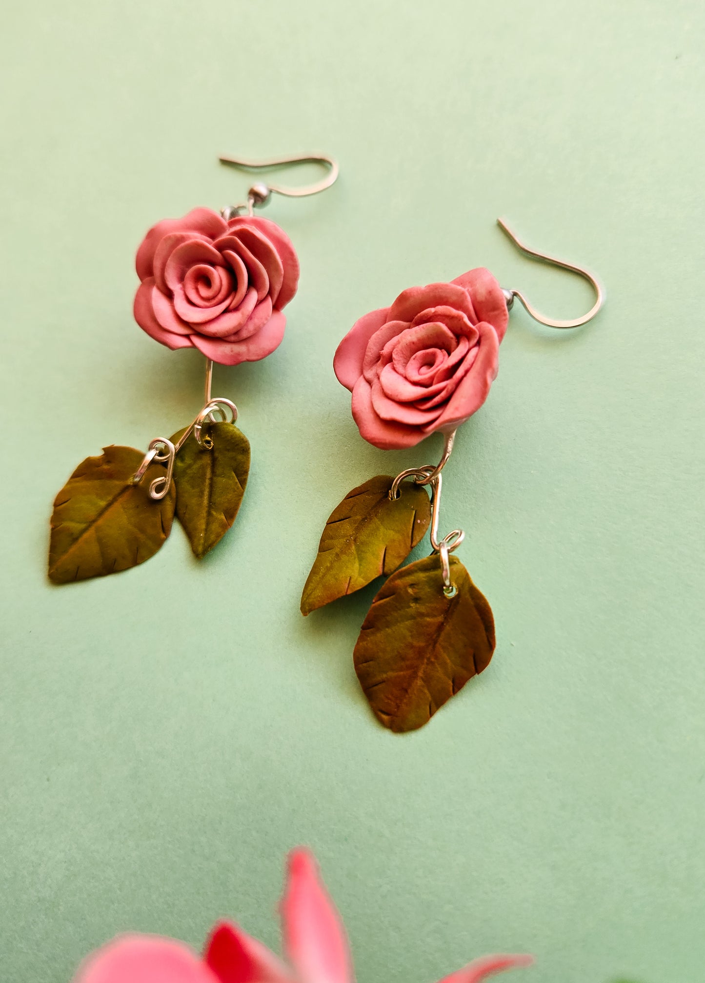 Handsculpted Rose Earrings, two colours available, red and pink
