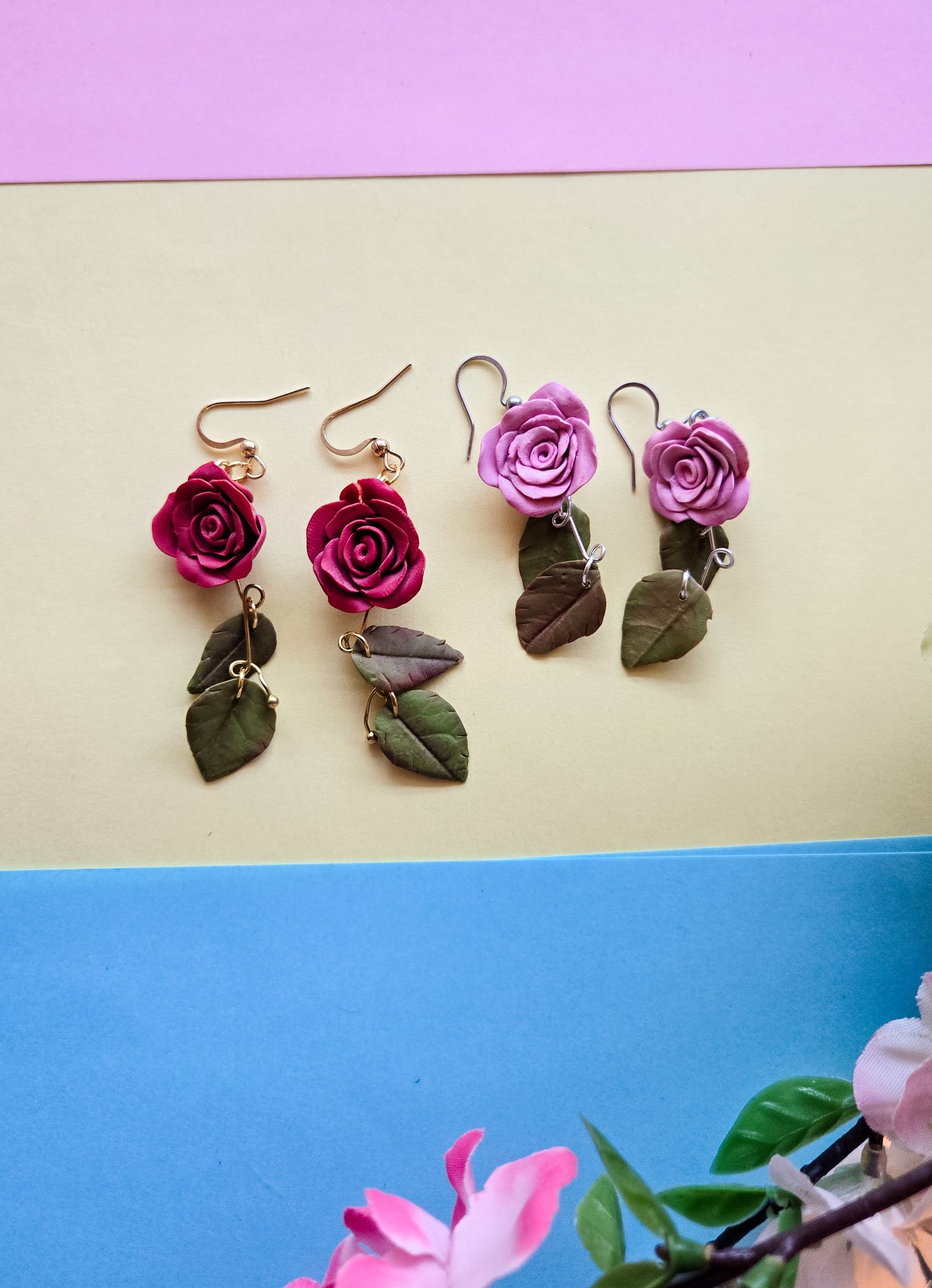 Handsculpted Rose Earrings, two colours available, red and pink