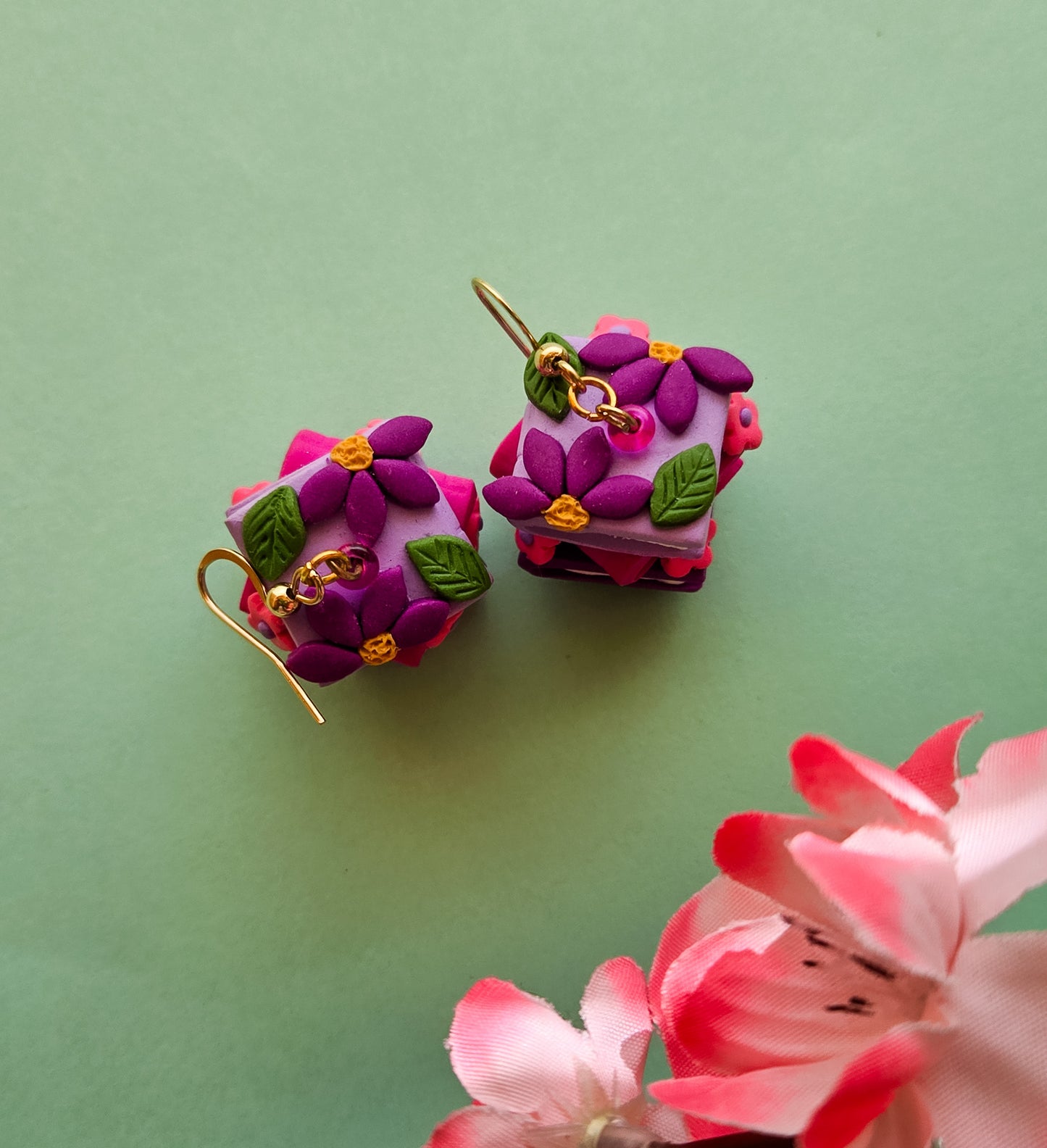 Handsculpted Floral Bookstack earrings with beads