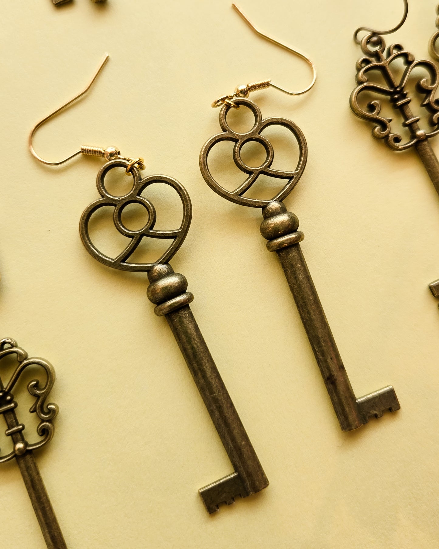 Secret Garden Key Earrings, antique bronze alloy keys, with stones and without