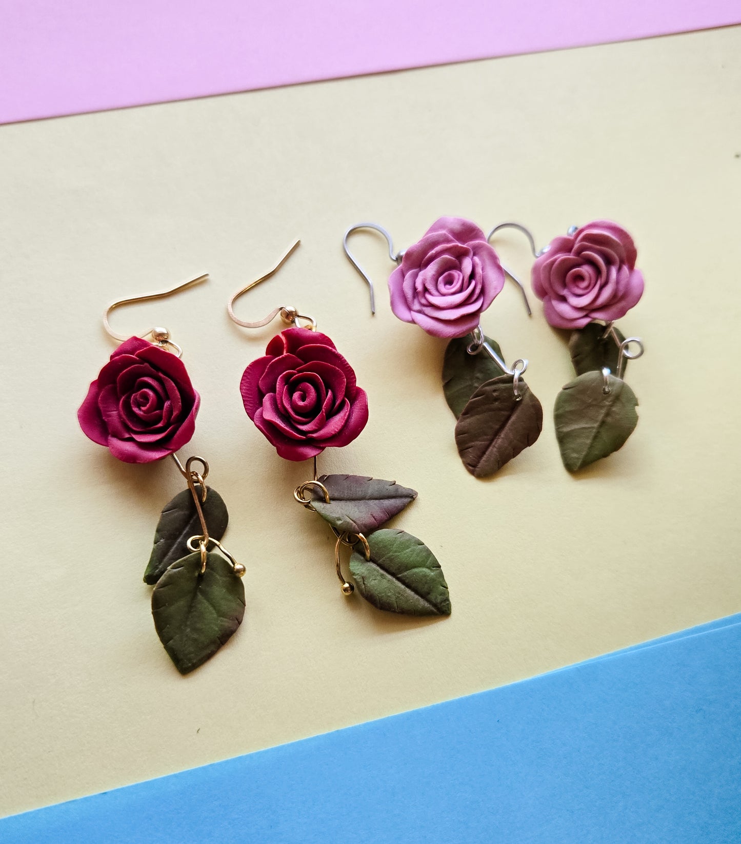 Handsculpted Rose Earrings, two colours available, red and pink